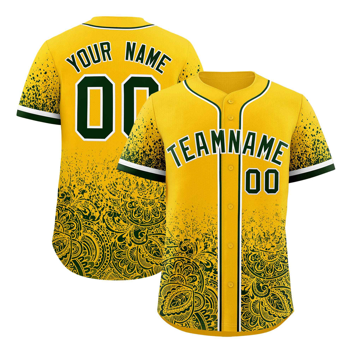 Custom Yellow Green Floral Print Pattern Full Button Gradient Fashion Baseball Jersey