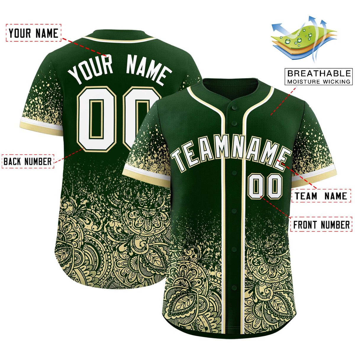 Custom Green Cream Floral Print Pattern Full Button Gradient Fashion Baseball Jersey