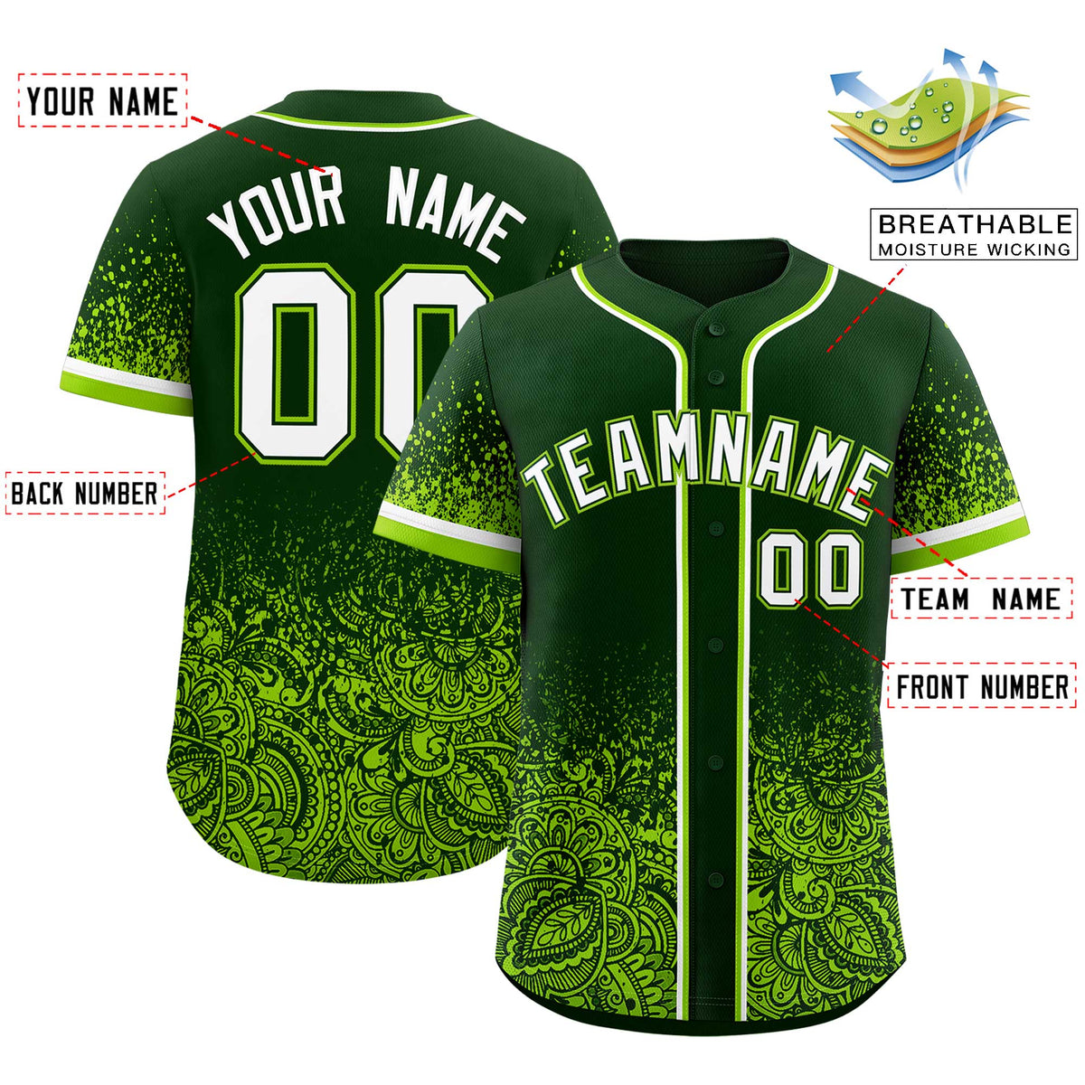 Custom Green Neon Green Floral Print Pattern Full Button Gradient Fashion Baseball Jersey