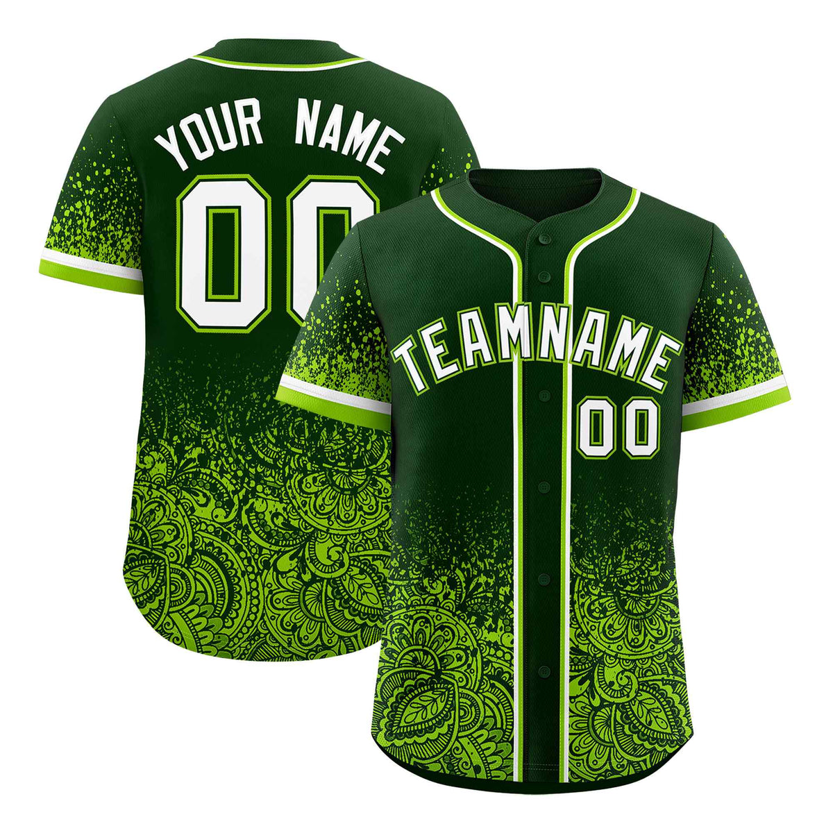 Custom Green Neon Green Floral Print Pattern Full Button Gradient Fashion Baseball Jersey