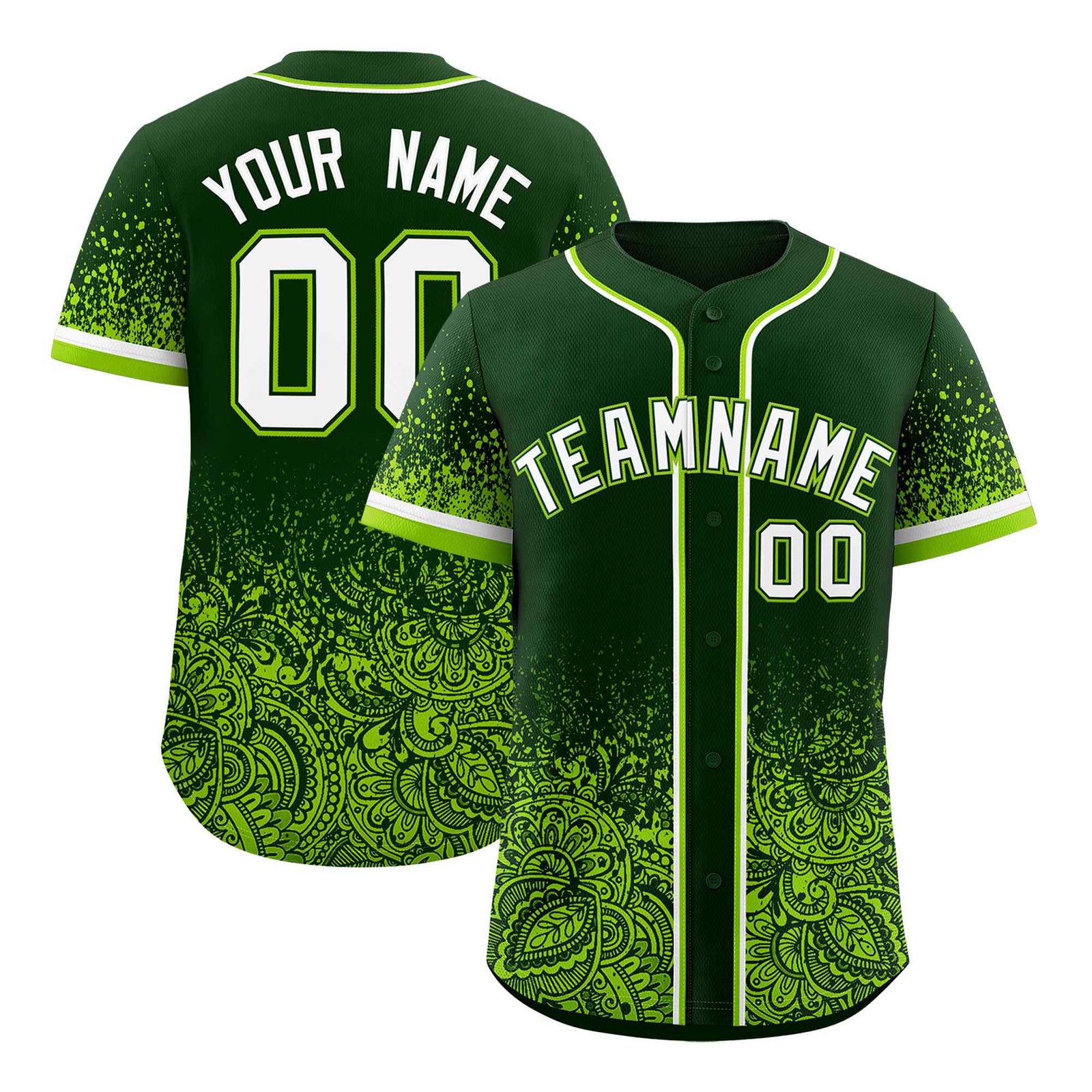 Custom Green Neon Green Floral Print Pattern Full Button Gradient Fashion Baseball Jersey