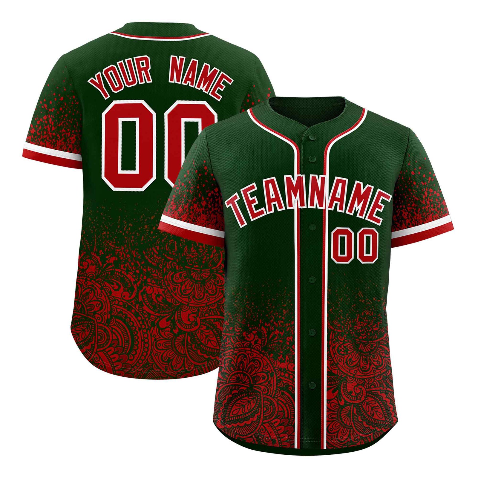 Custom Green Red Floral Print Pattern Full Button Gradient Fashion Baseball Jersey
