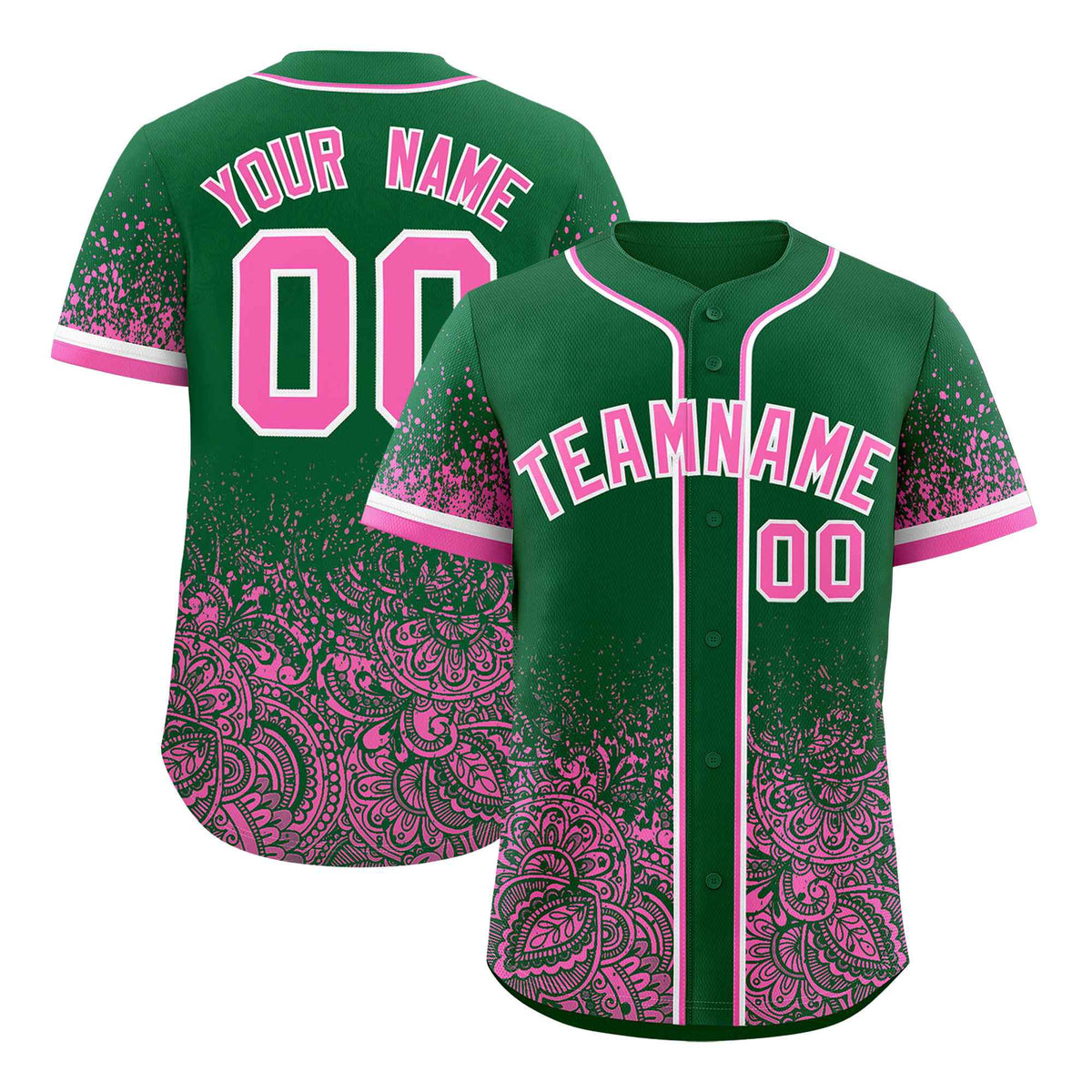 Custom Kelly Green Pink Floral Print Pattern Full Button Gradient Fashion Baseball Jersey