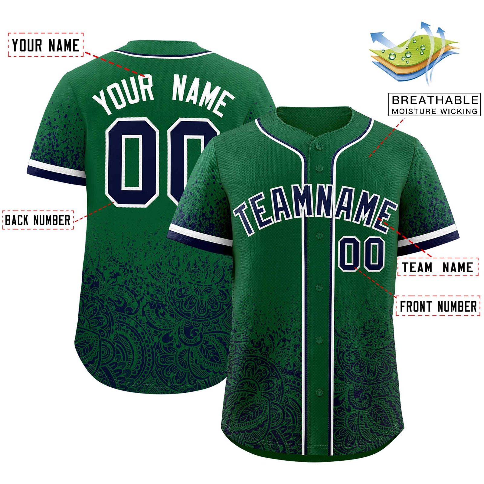 Custom Kelly Green Navy Floral Print Pattern Full Button Gradient Fashion Baseball Jersey
