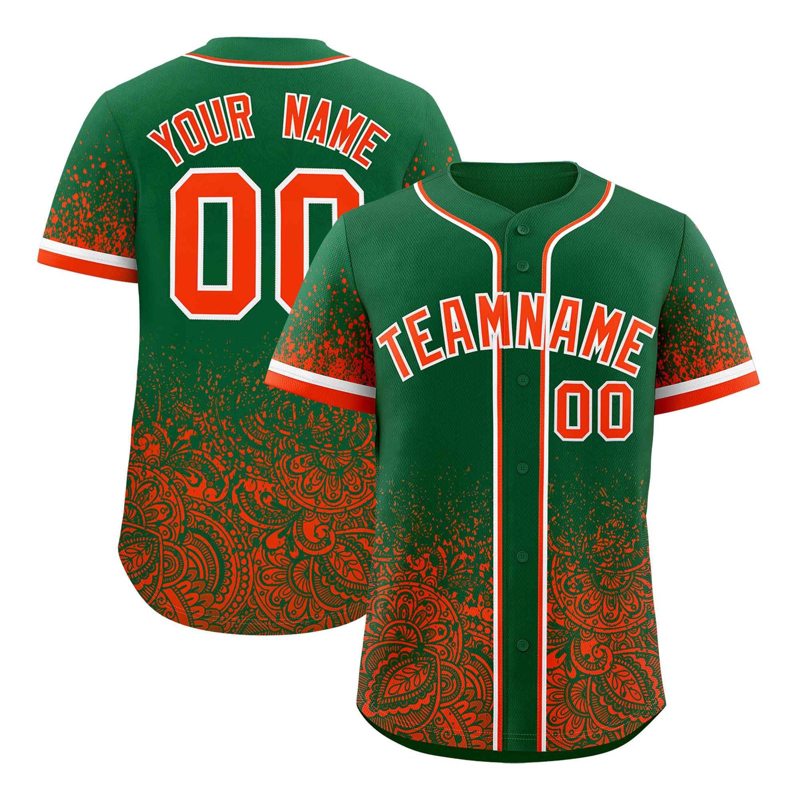 Custom Kelly Green Orange Floral Print Pattern Full Button Gradient Fashion Baseball Jersey