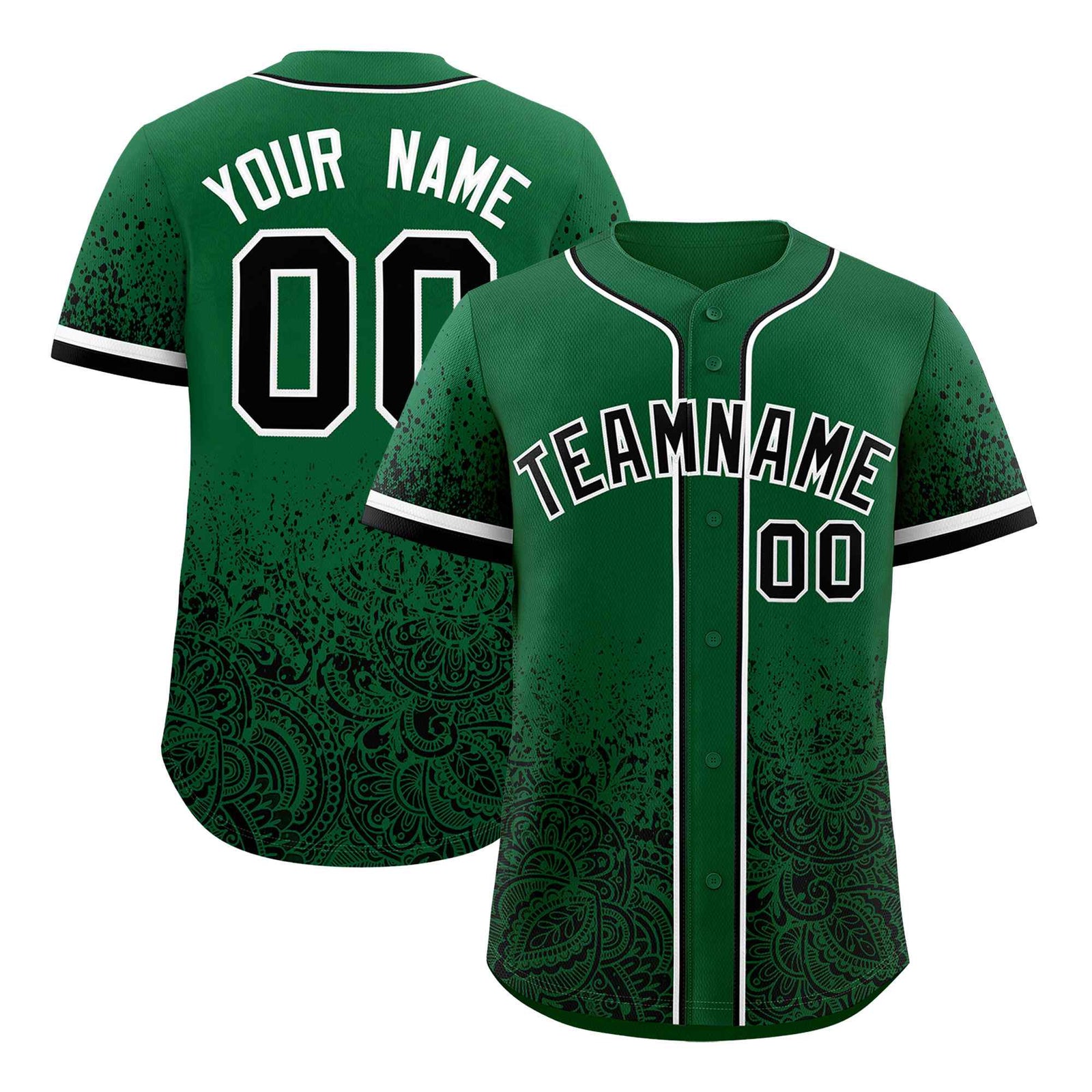 Custom Kelly Green Black Floral Print Pattern Full Button Gradient Fashion Baseball Jersey