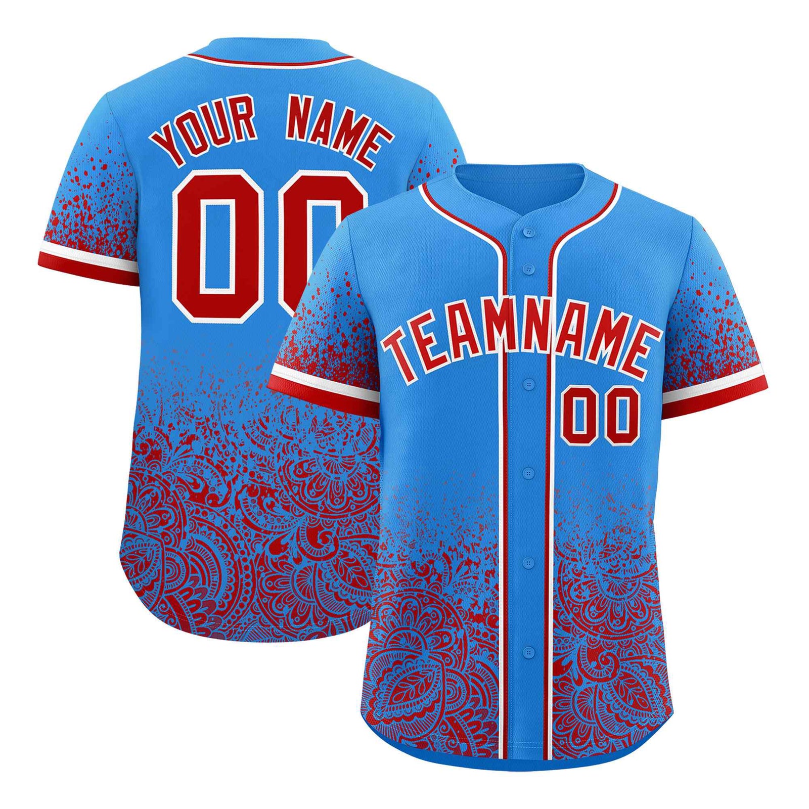 Custom Light Blue Red Floral Print Pattern Full Button Gradient Fashion Baseball Jersey