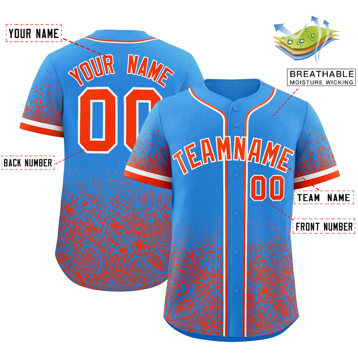 Custom Light Blue Orange Floral Print Pattern Full Button Gradient Fashion Baseball Jersey
