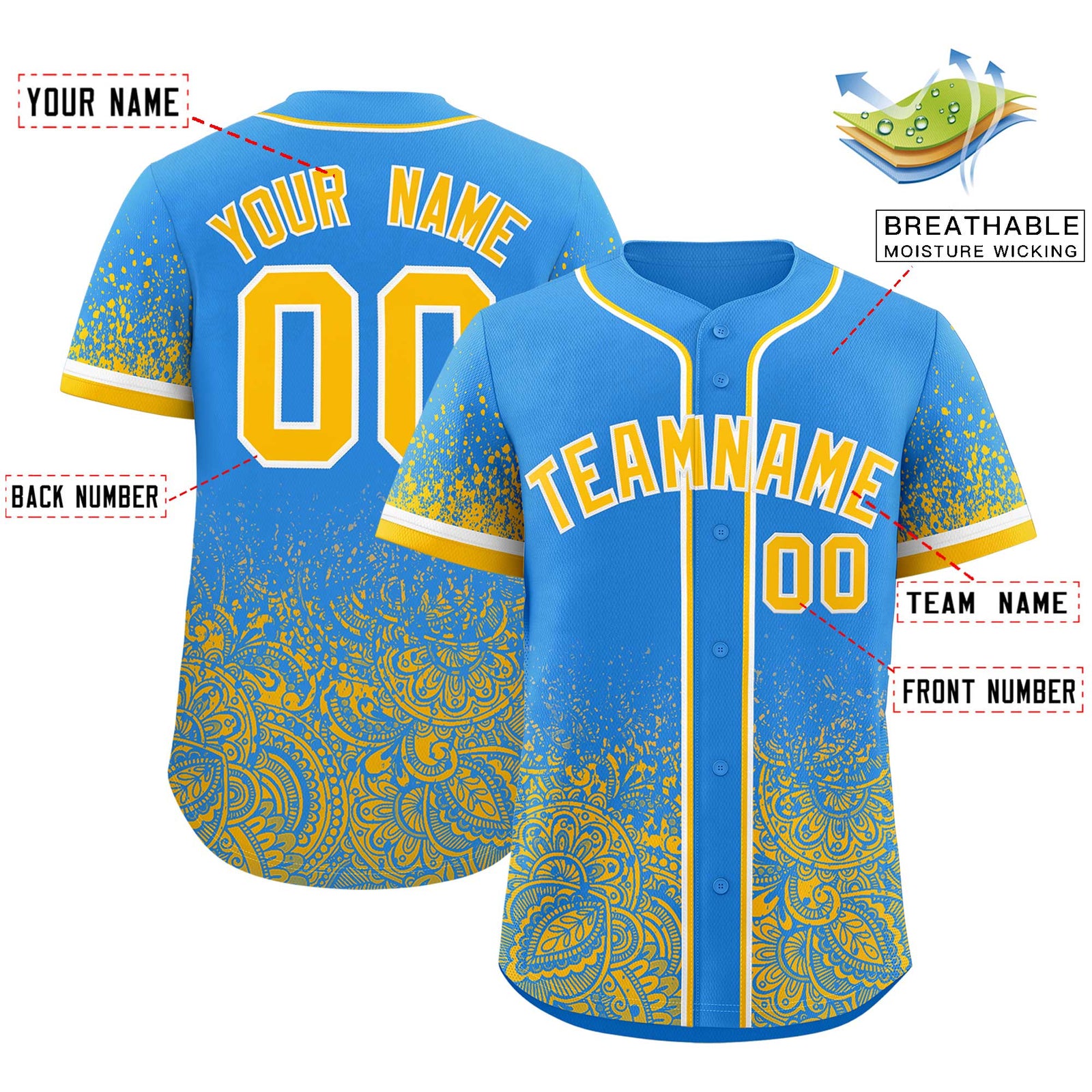 Custom Light Blue Yellow Floral Print Pattern Full Button Gradient Fashion Baseball Jersey
