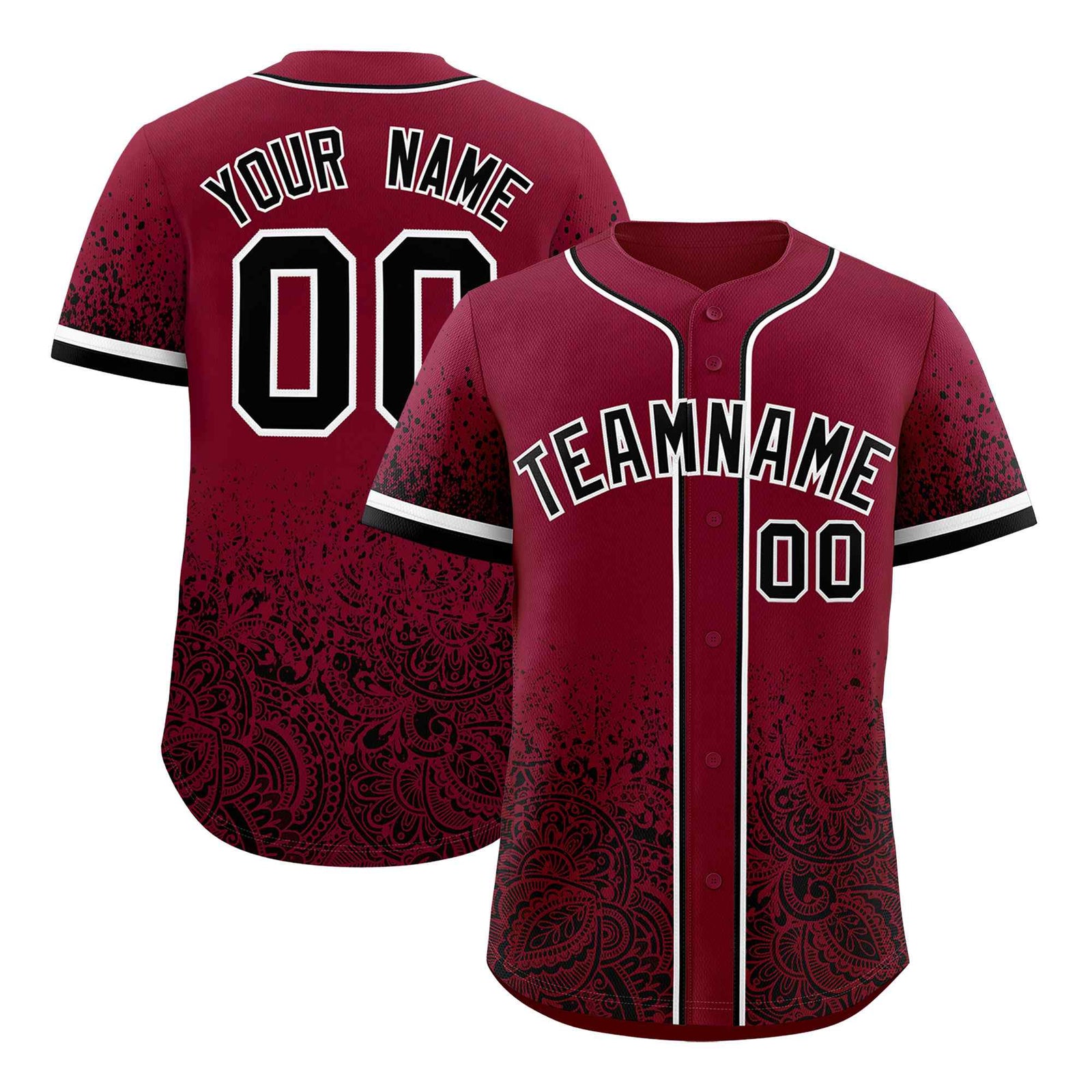 Custom Crimson Black Floral Print Pattern Full Button Gradient Fashion Baseball Jersey