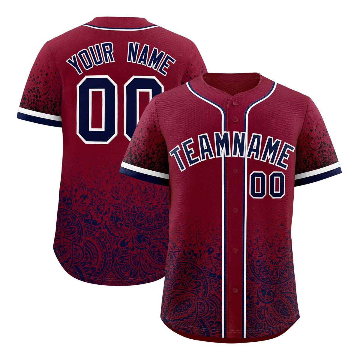 Custom Crimson Navy Floral Print Pattern Full Button Gradient Fashion Baseball Jersey