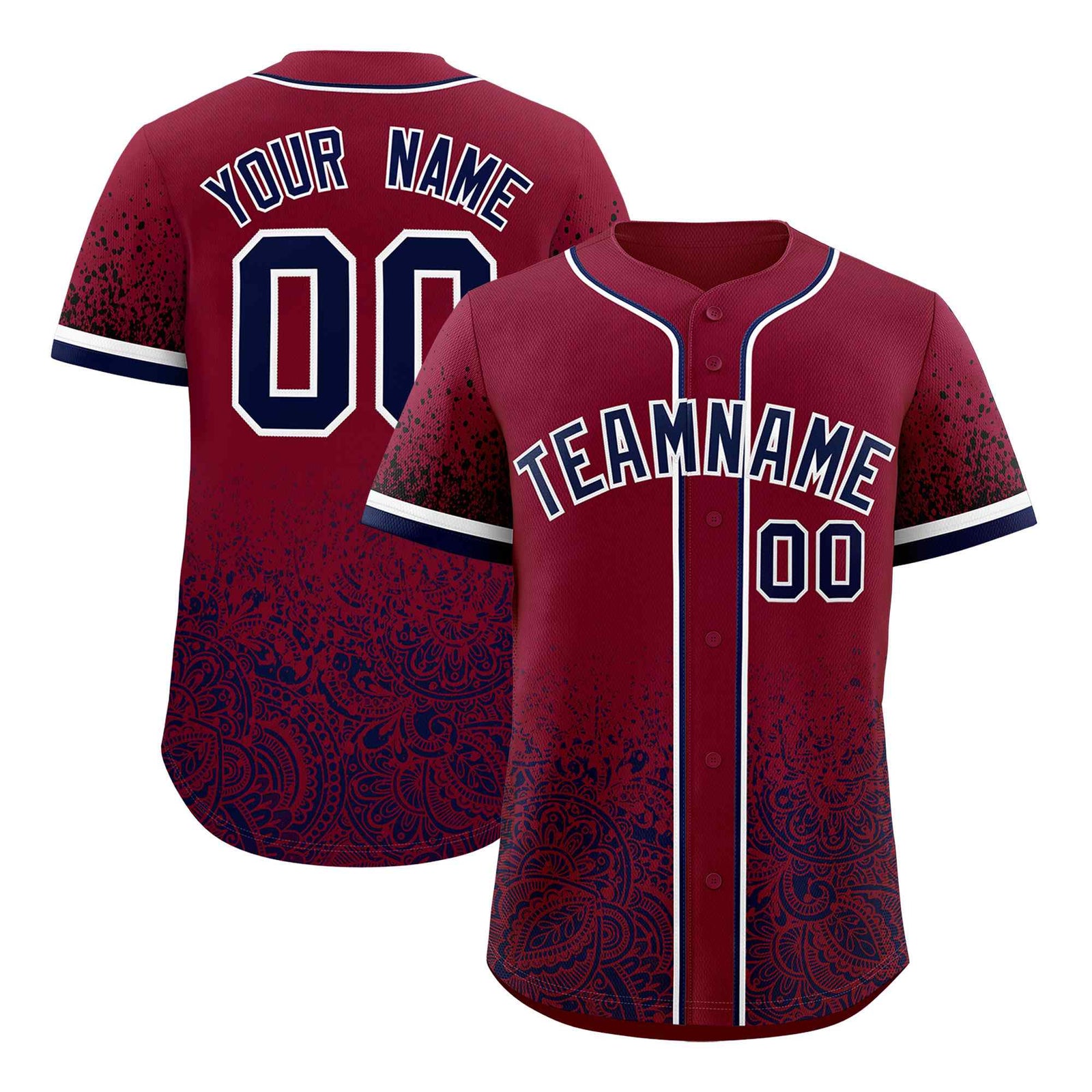 Custom Crimson Navy Floral Print Pattern Full Button Gradient Fashion Baseball Jersey