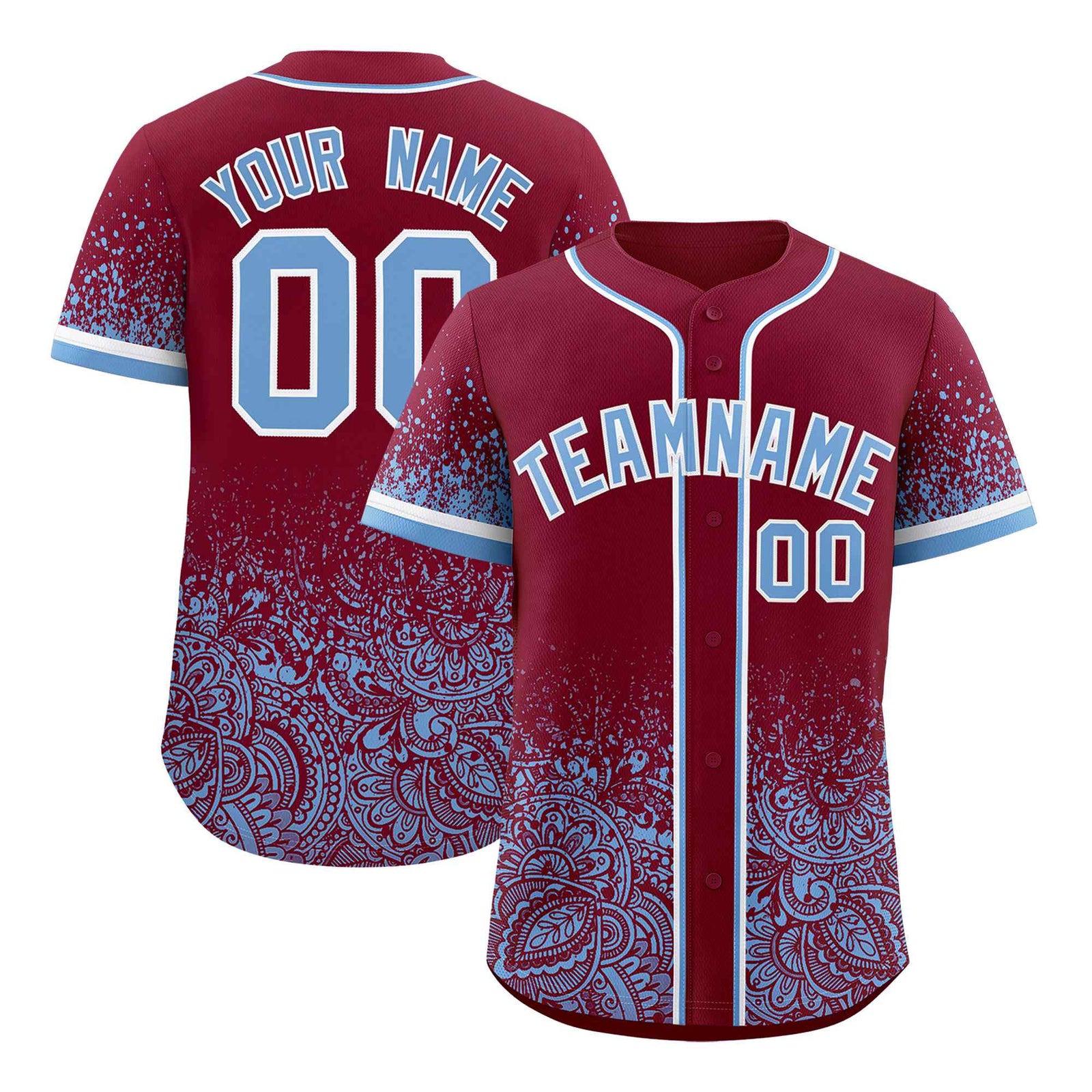 Custom Crimson Powder Blue Floral Print Pattern Full Button Gradient Fashion Baseball Jersey