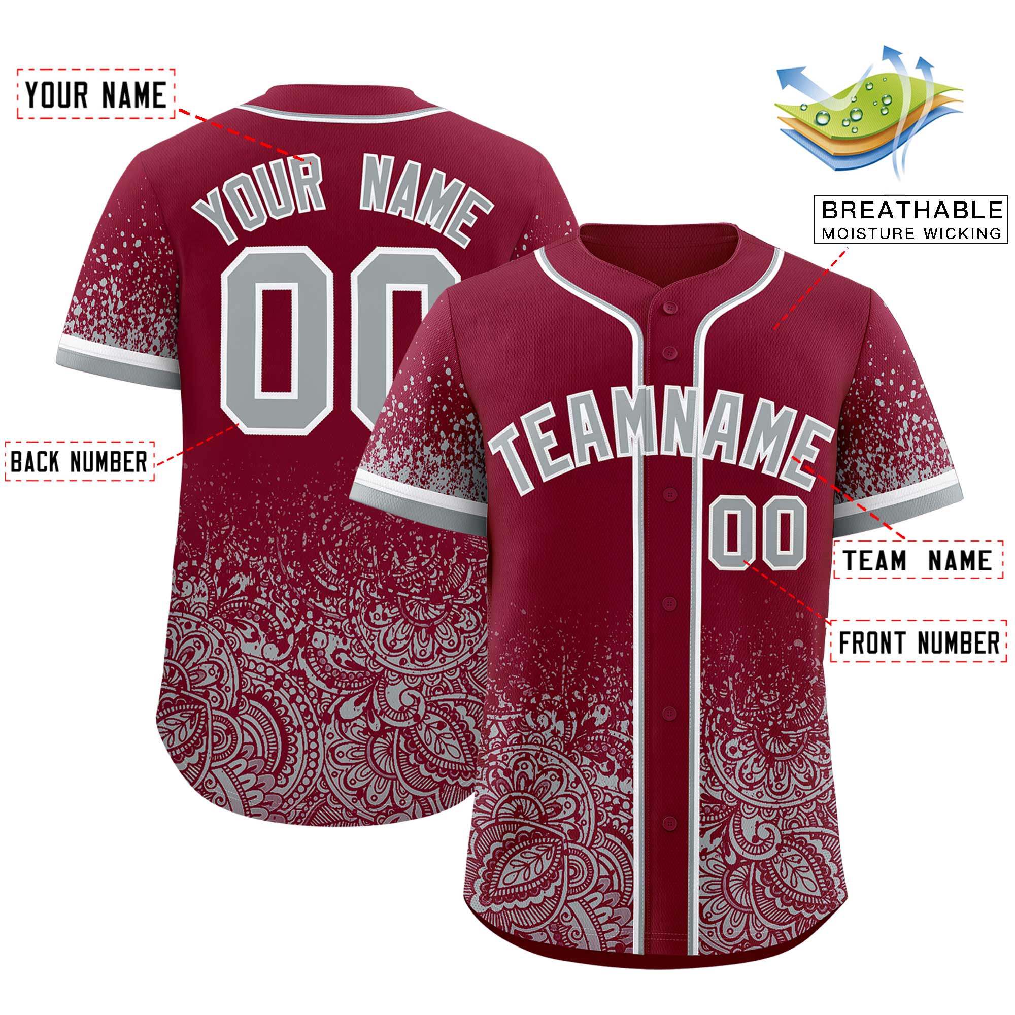 Custom Crimson Gray Floral Print Pattern Full Button Gradient Fashion Baseball Jersey