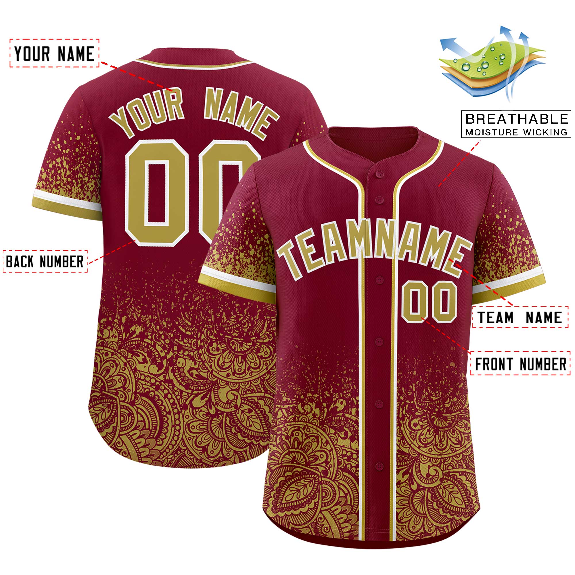 Custom Crimson Khaki Floral Print Pattern Full Button Gradient Fashion Baseball Jersey