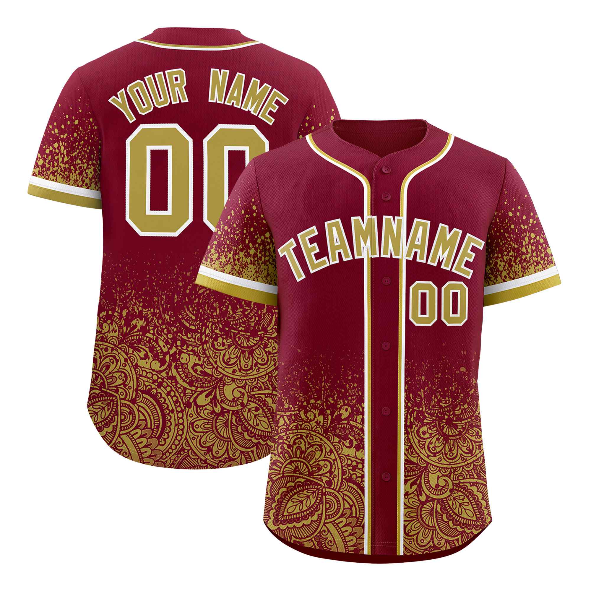 Custom Crimson Khaki Floral Print Pattern Full Button Gradient Fashion Baseball Jersey