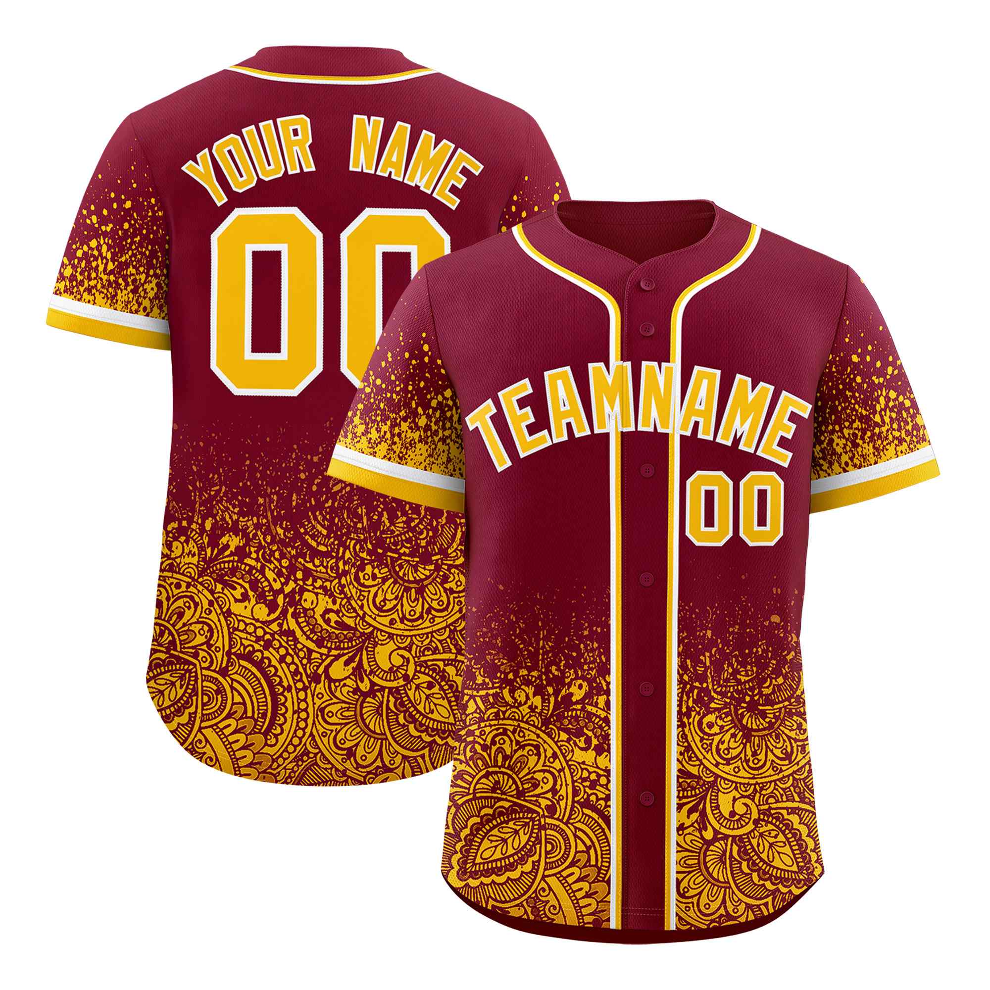 Custom Crimson Yellow Floral Print Pattern Full Button Gradient Fashion Baseball Jersey