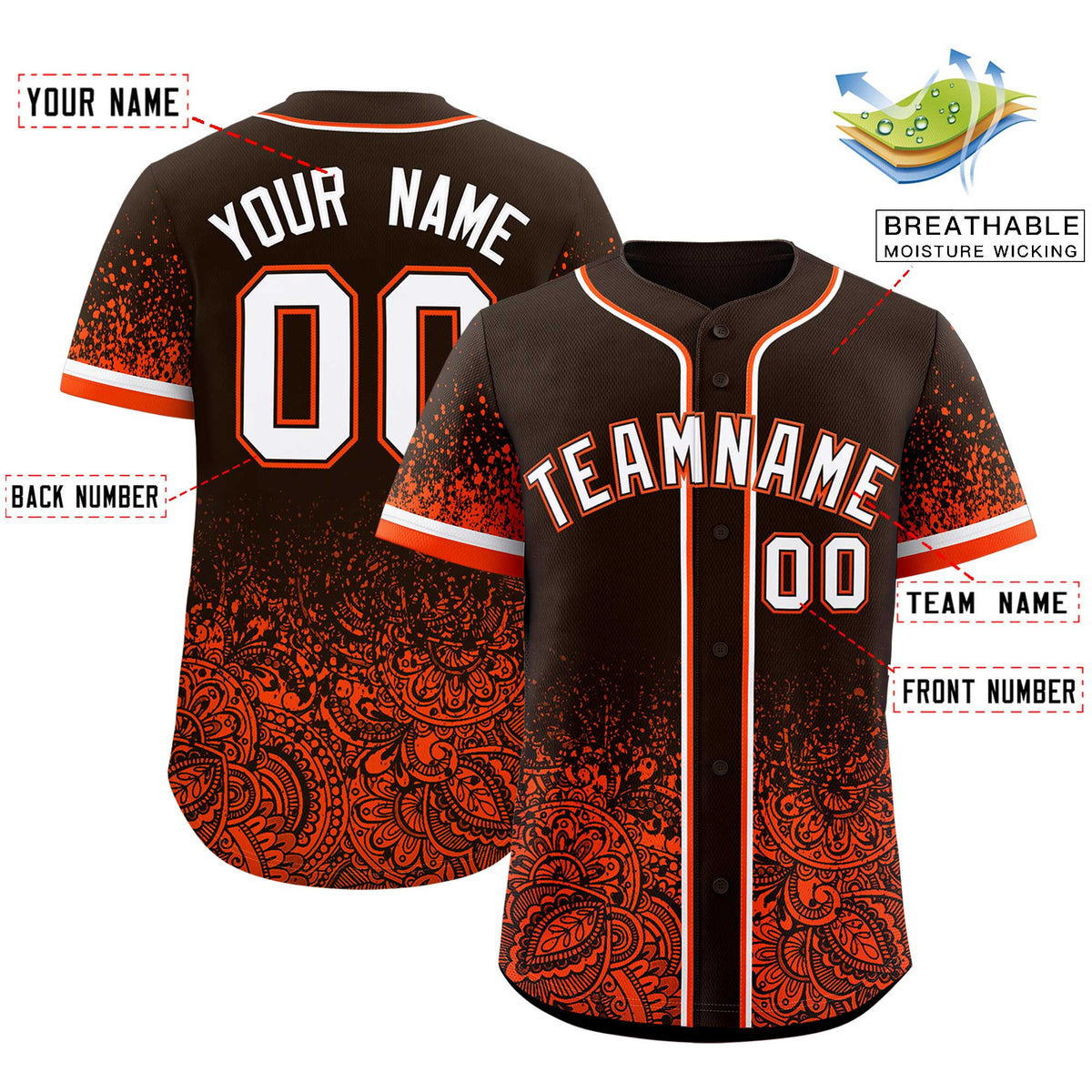 Custom Brown Orange Floral Print Pattern Full Button Gradient Fashion Baseball Jersey