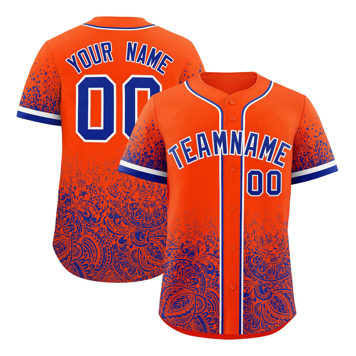 Custom Orange Royal Floral Print Pattern Full Button Gradient Fashion Baseball Jersey