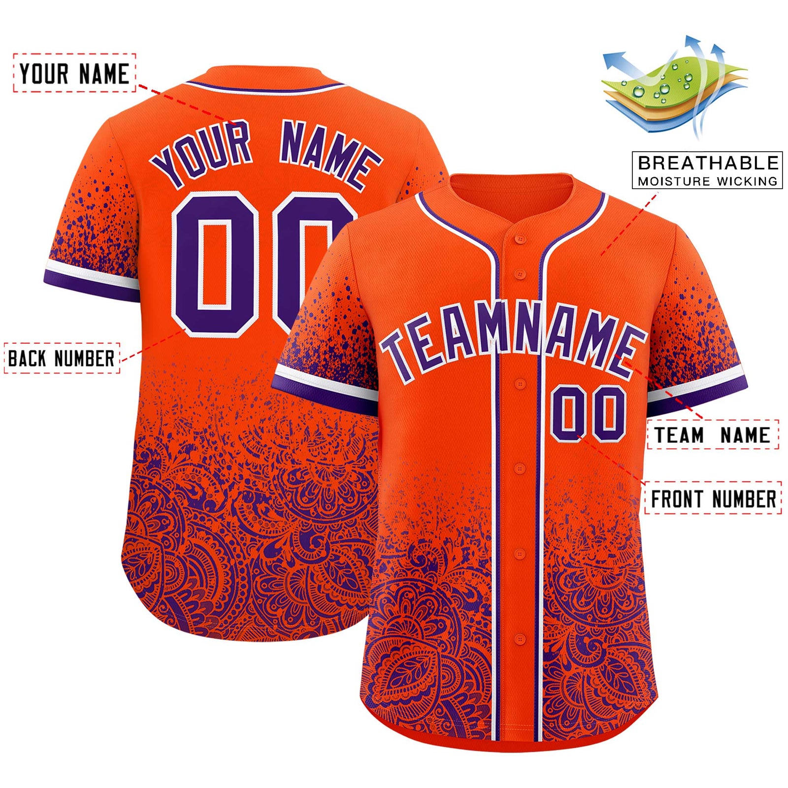 Custom Orange Purple Floral Print Pattern Full Button Gradient Fashion Baseball Jersey