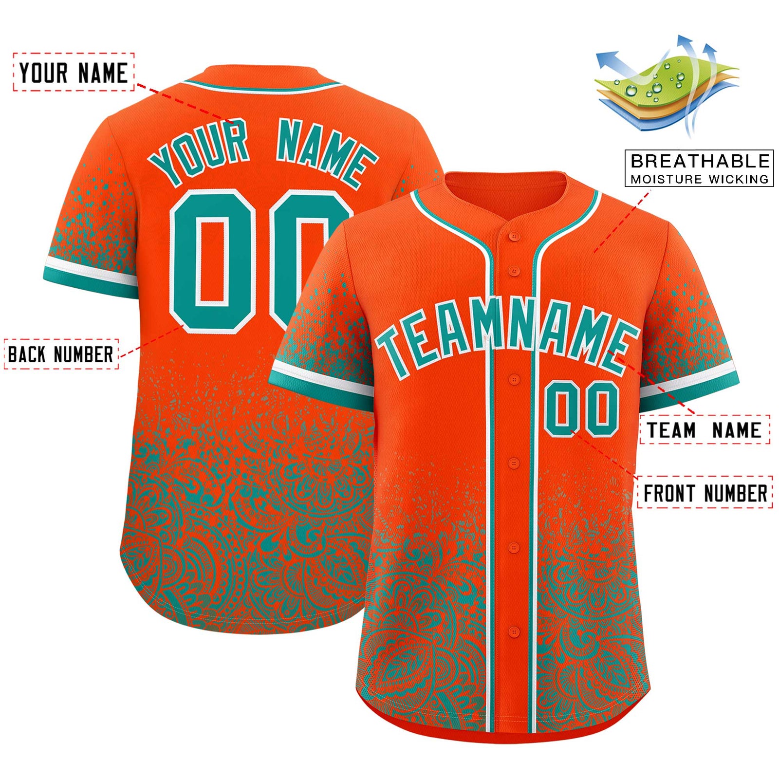 Custom Orange Aqua Floral Print Pattern Full Button Gradient Fashion Baseball Jersey