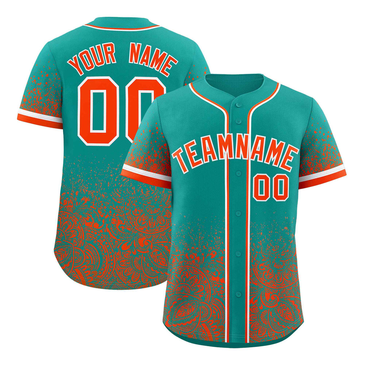 Custom Aqua Orange Floral Print Pattern Full Button Gradient Fashion Baseball Jersey