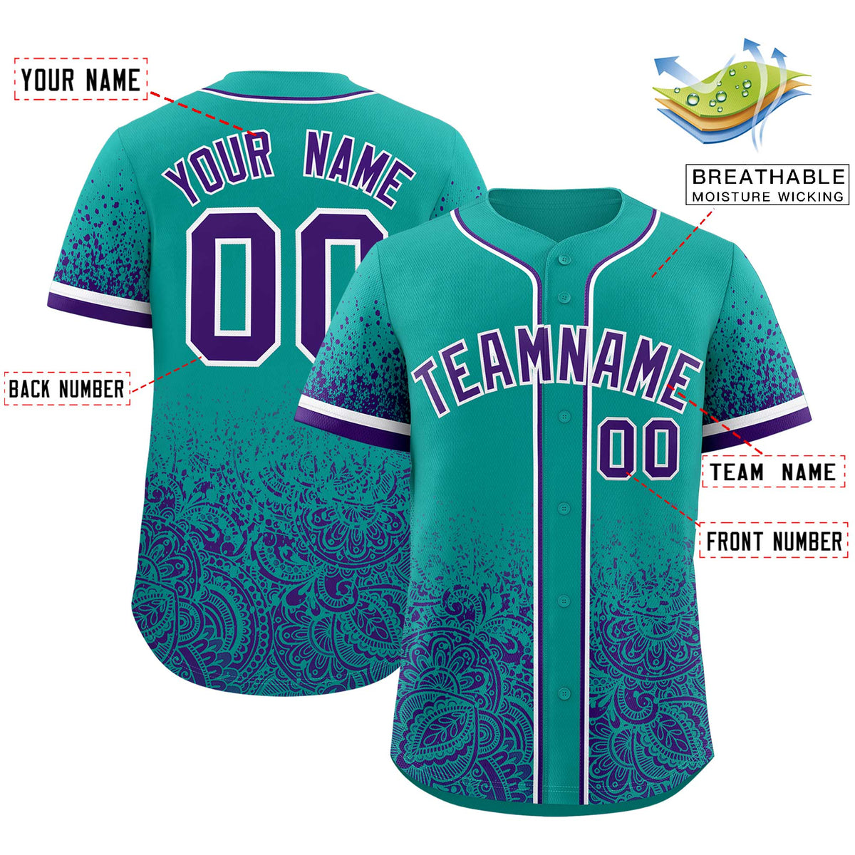 Custom Aqua Purple Floral Print Pattern Full Button Gradient Fashion Baseball Jersey