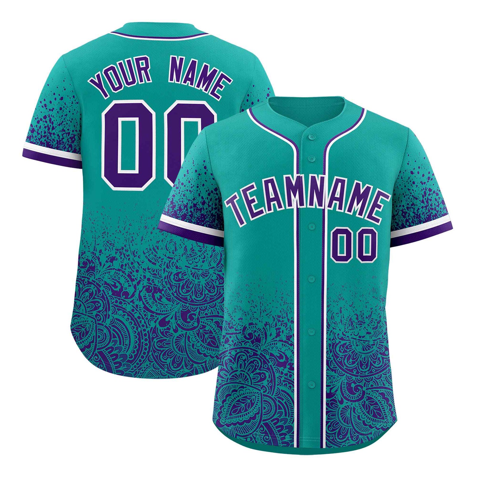 Custom Aqua Purple Floral Print Pattern Full Button Gradient Fashion Baseball Jersey