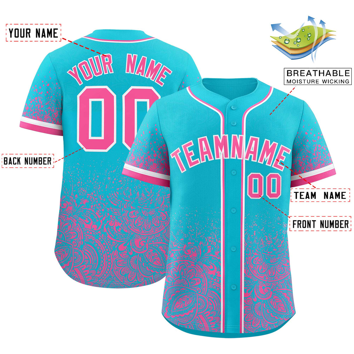 Custom Sky Blue Pink Floral Print Pattern Full Button Gradient Fashion Baseball Jersey