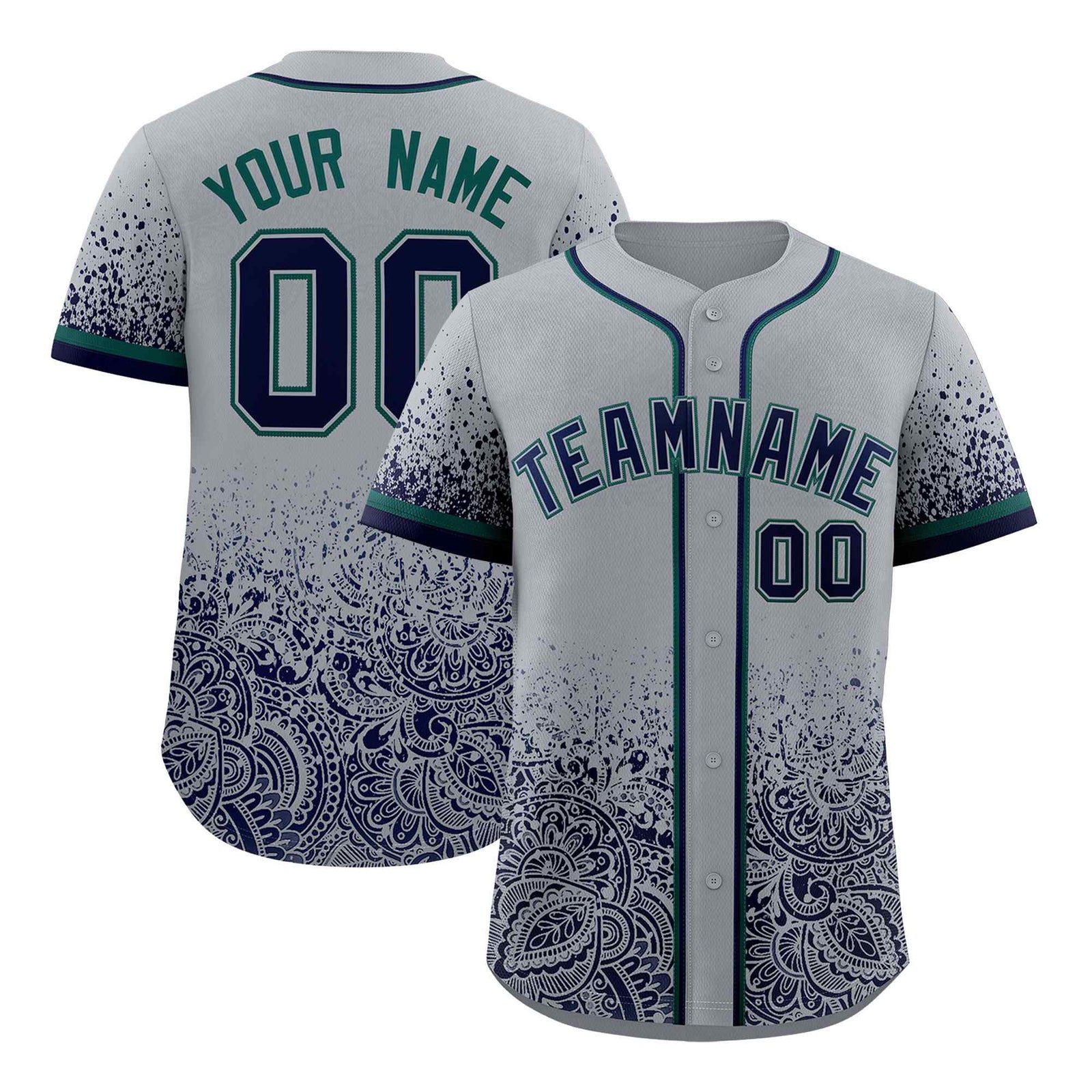 Custom Gray Navy Floral Print Pattern Full Button Gradient Fashion Baseball Jersey