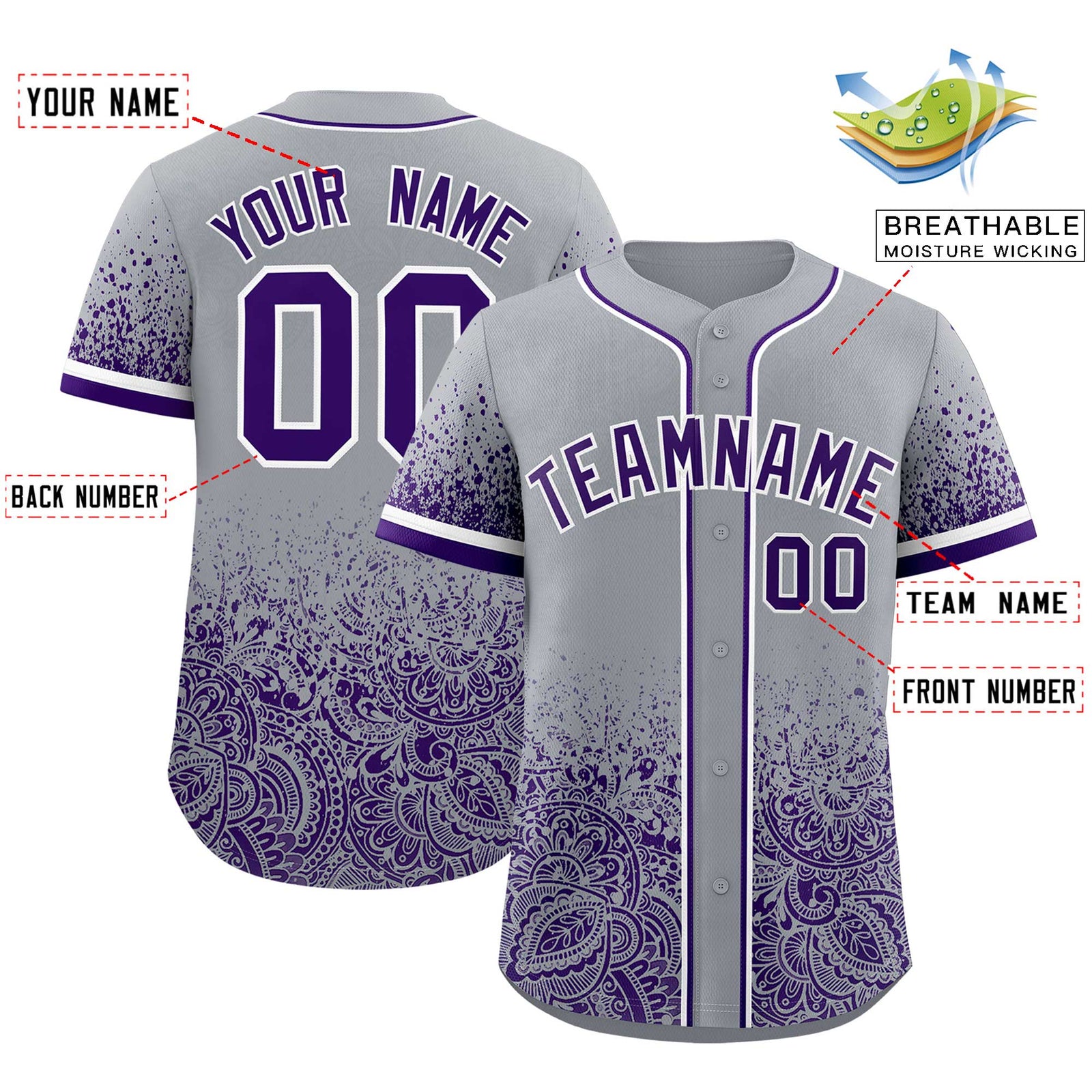 Custom Gray Purple Floral Print Pattern Full Button Gradient Fashion Baseball Jersey