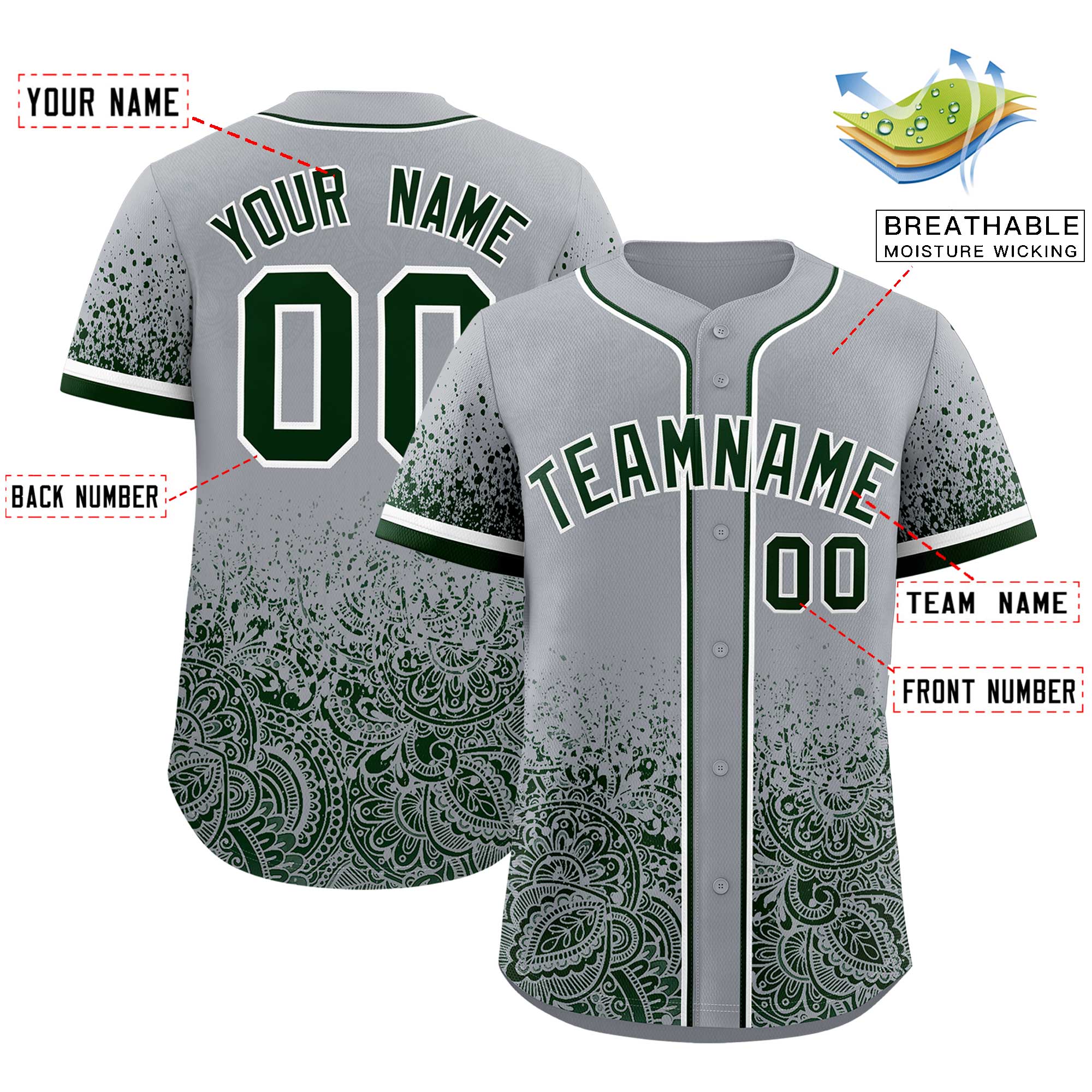 Custom Gray Green Floral Print Pattern Full Button Gradient Fashion Baseball Jersey