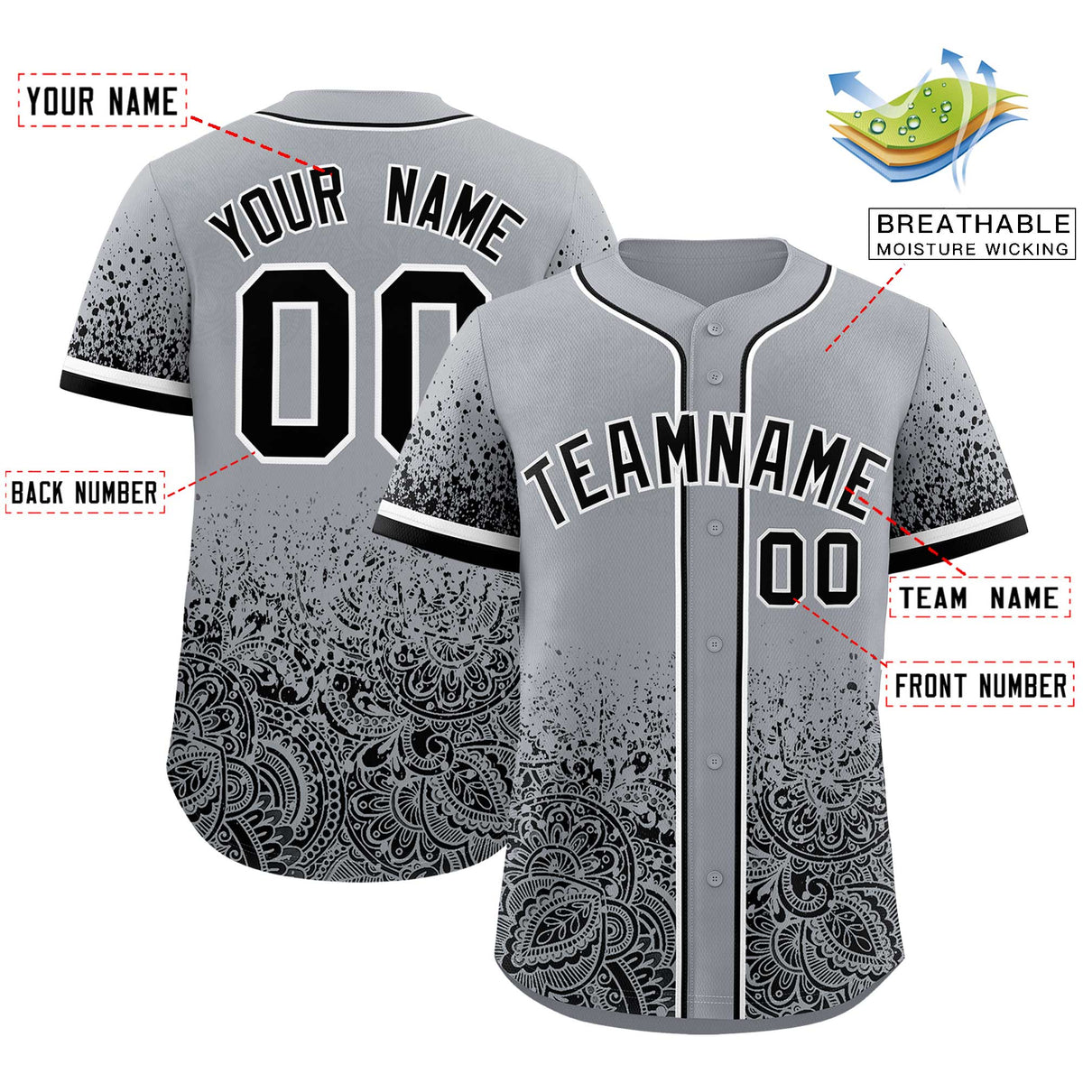 Custom Gray Black Floral Print Pattern Full Button Gradient Fashion Baseball Jersey