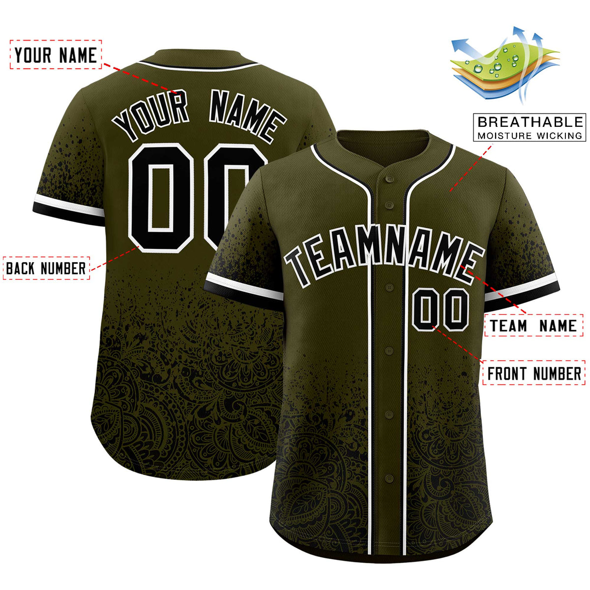 Custom Olive Black Floral Print Pattern Full Button Gradient Fashion Baseball Jersey