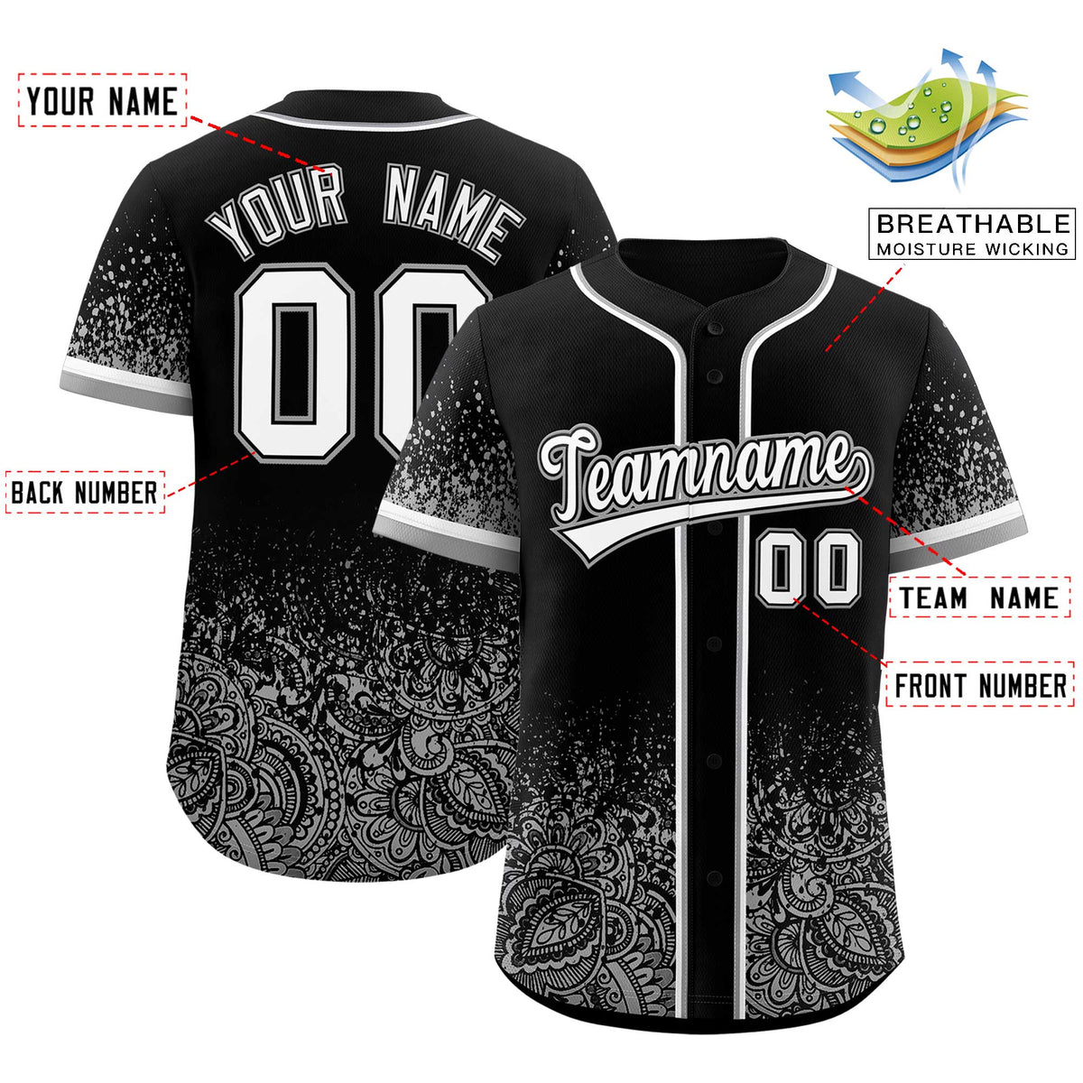Custom Black Gray Floral Print Pattern Full Button Gradient Fashion Baseball Jersey