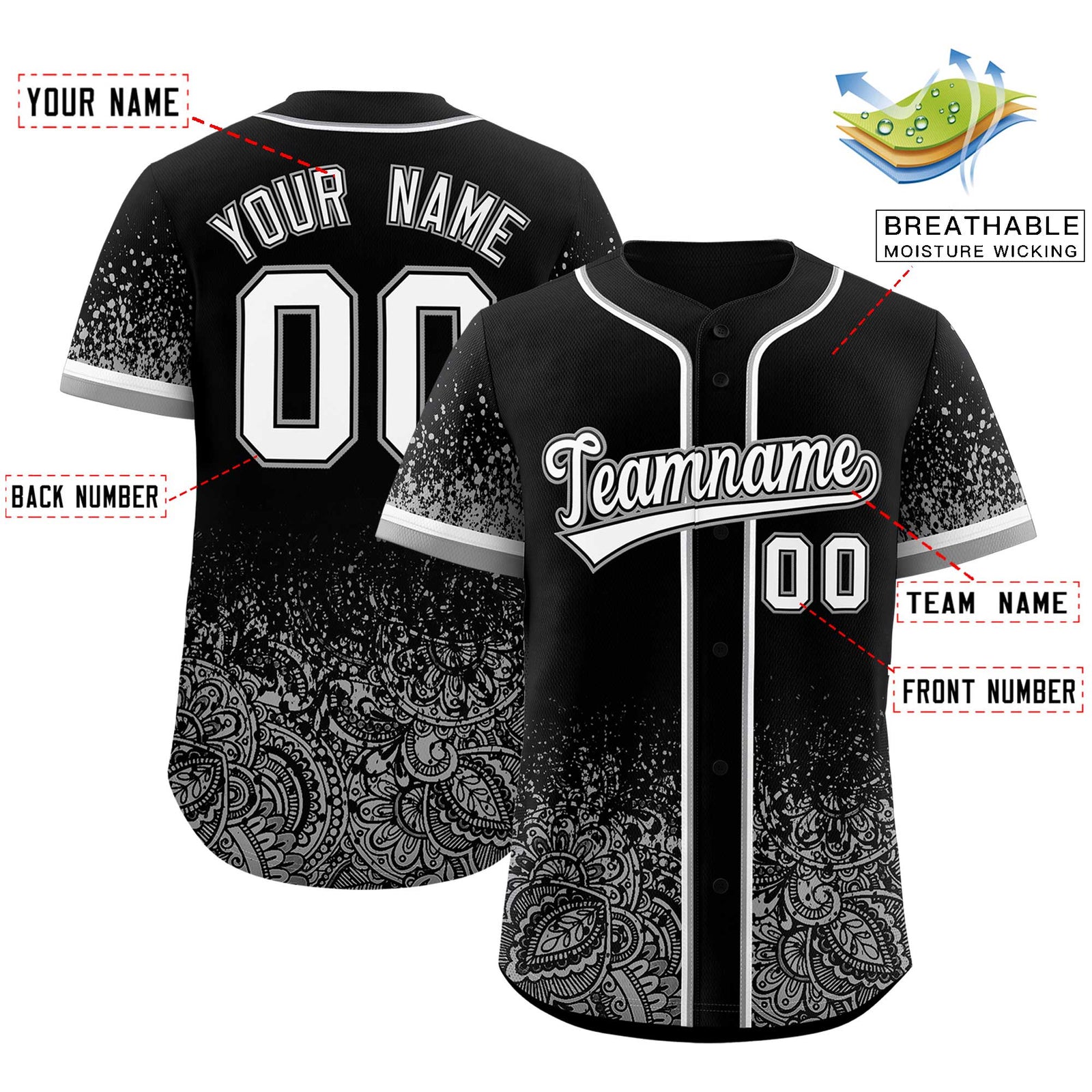 Custom Black Gray Floral Print Pattern Full Button Gradient Fashion Baseball Jersey