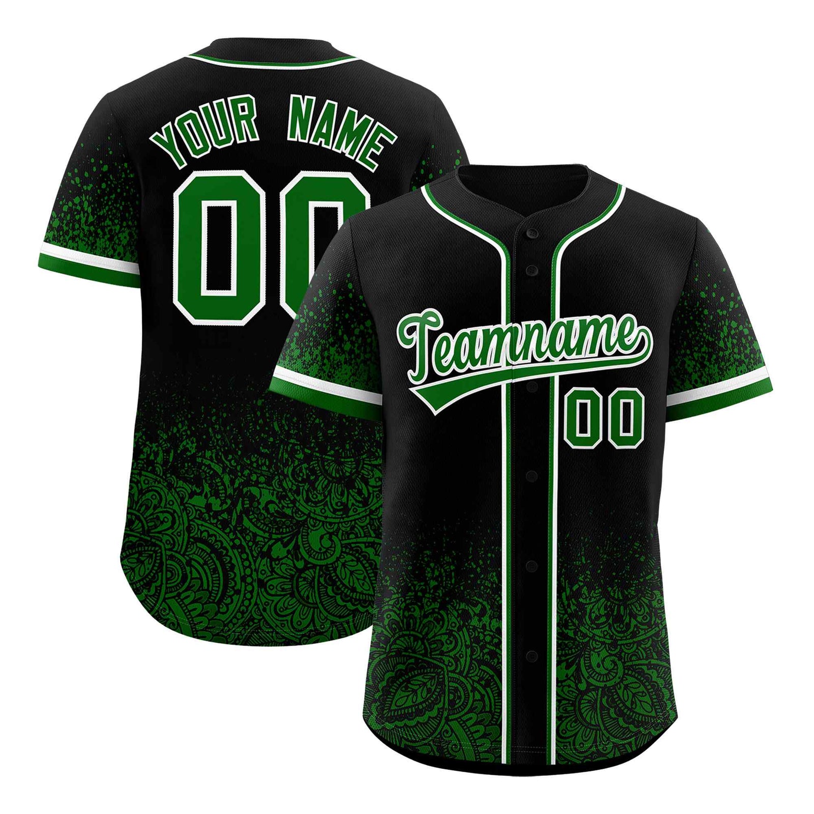 Custom Black Kelly Green Floral Print Pattern Full Button Gradient Fashion Baseball Jersey