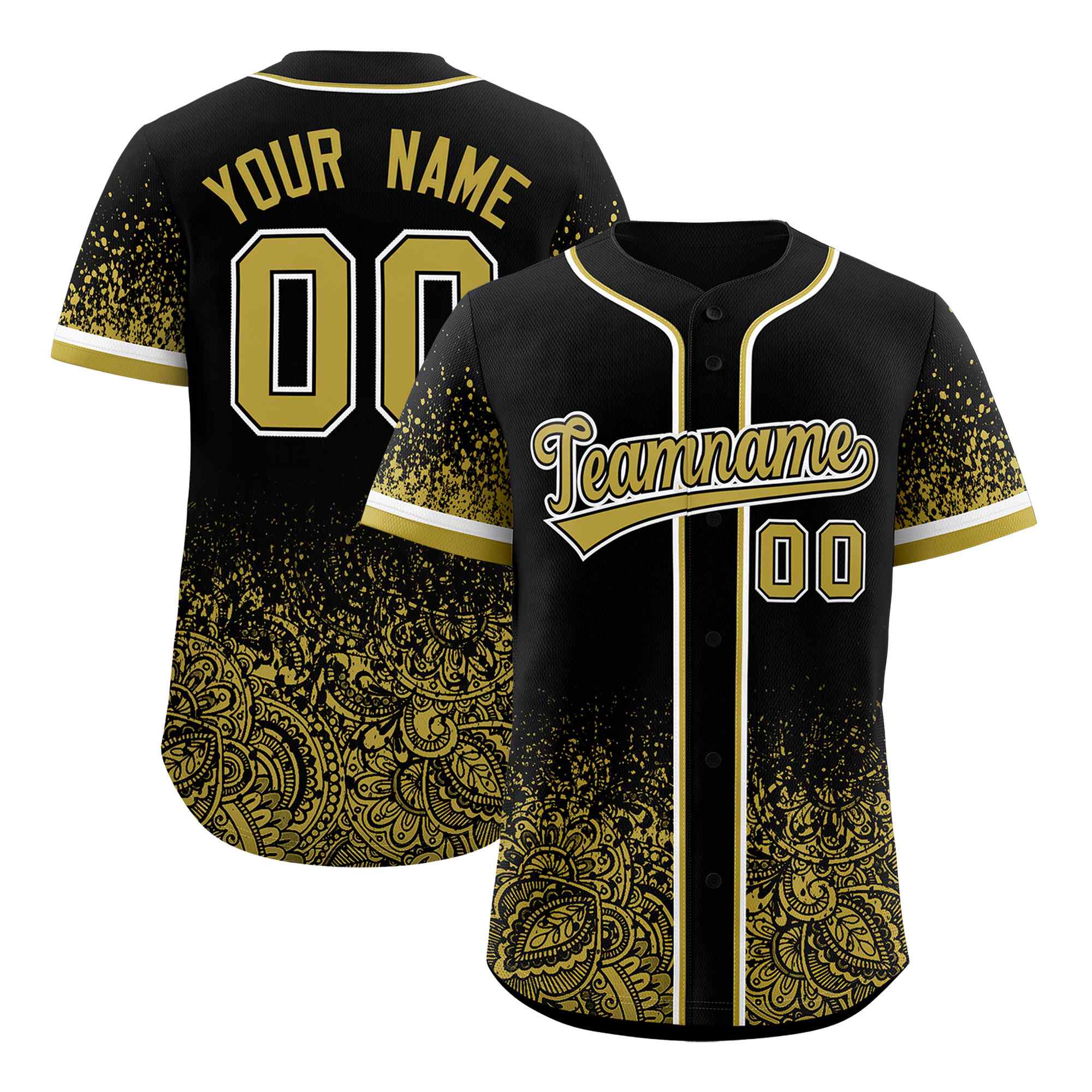 Custom Black Old Gold Floral Print Pattern Full Button Gradient Fashion Baseball Jersey