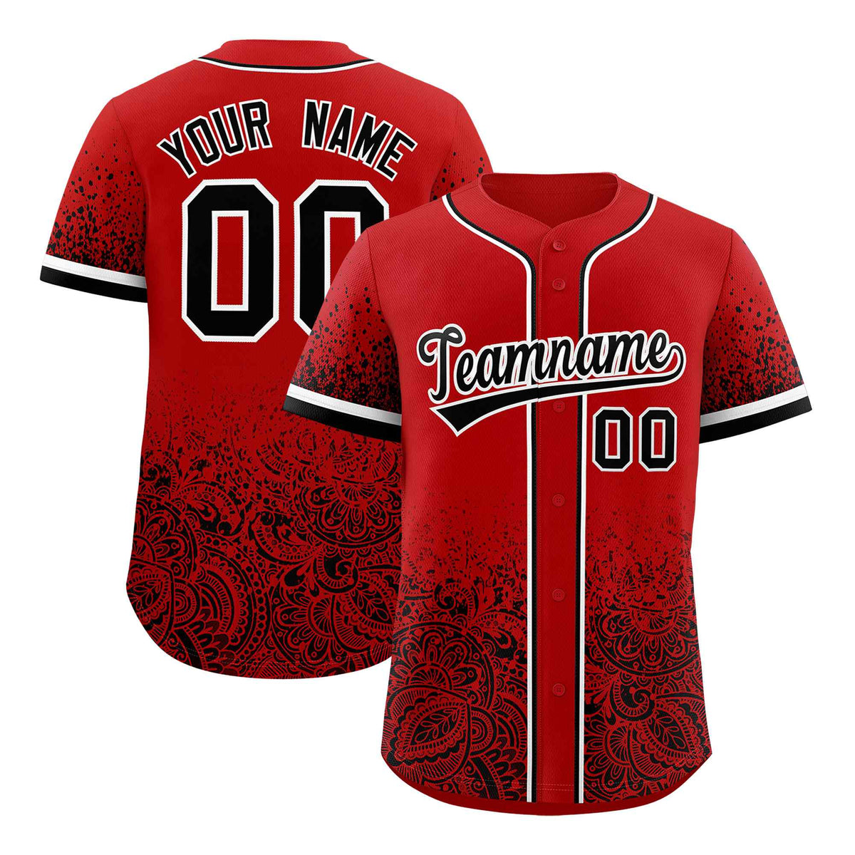 Custom Red Black Floral Print Pattern Full Button Gradient Fashion Baseball Jersey