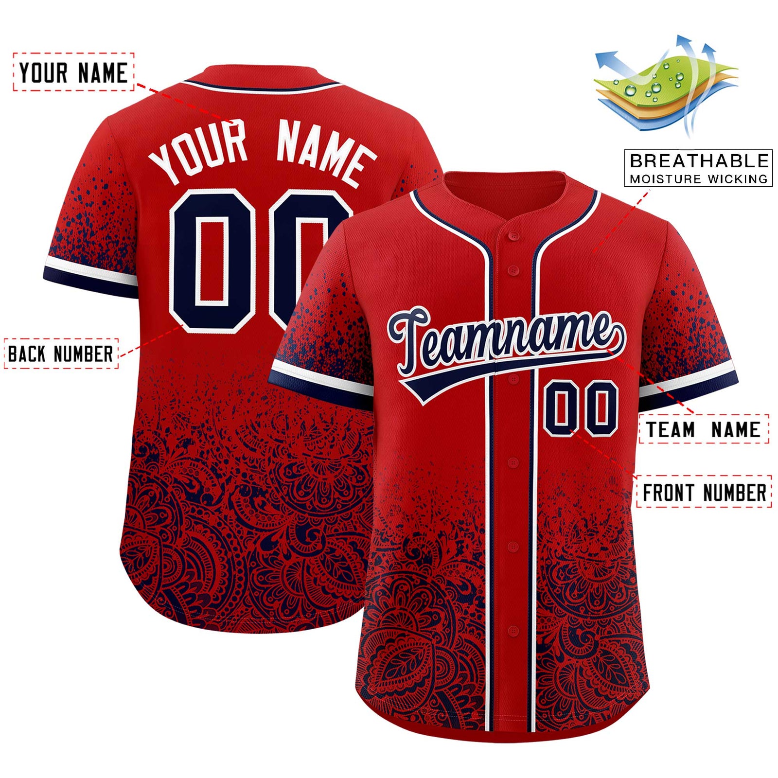 Custom Red Navy Floral Print Pattern Full Button Gradient Fashion Baseball Jersey