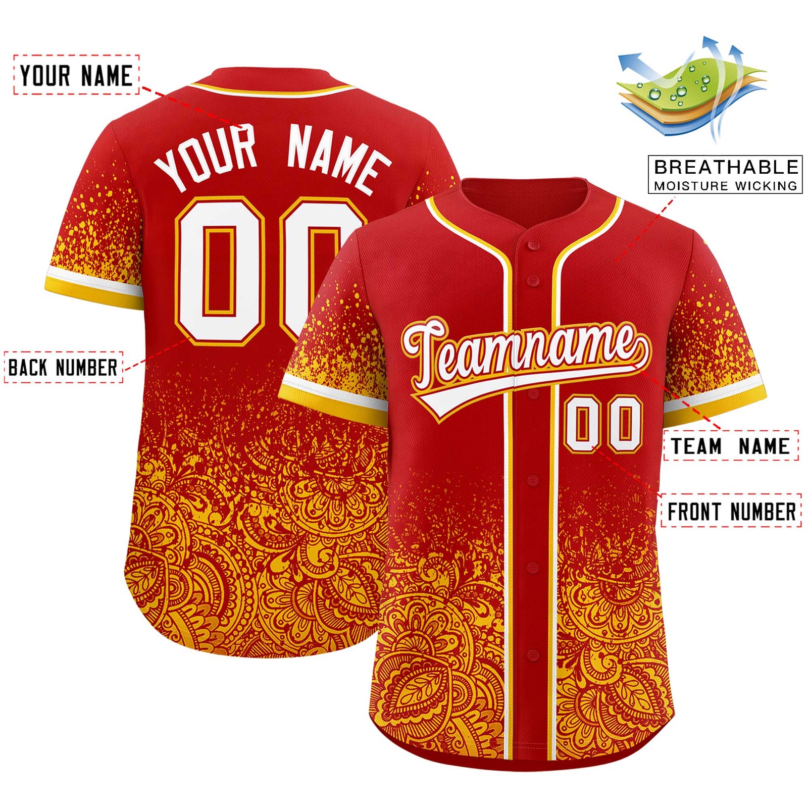 Custom Red Yellow Floral Print Pattern Full Button Gradient Fashion Baseball Jersey
