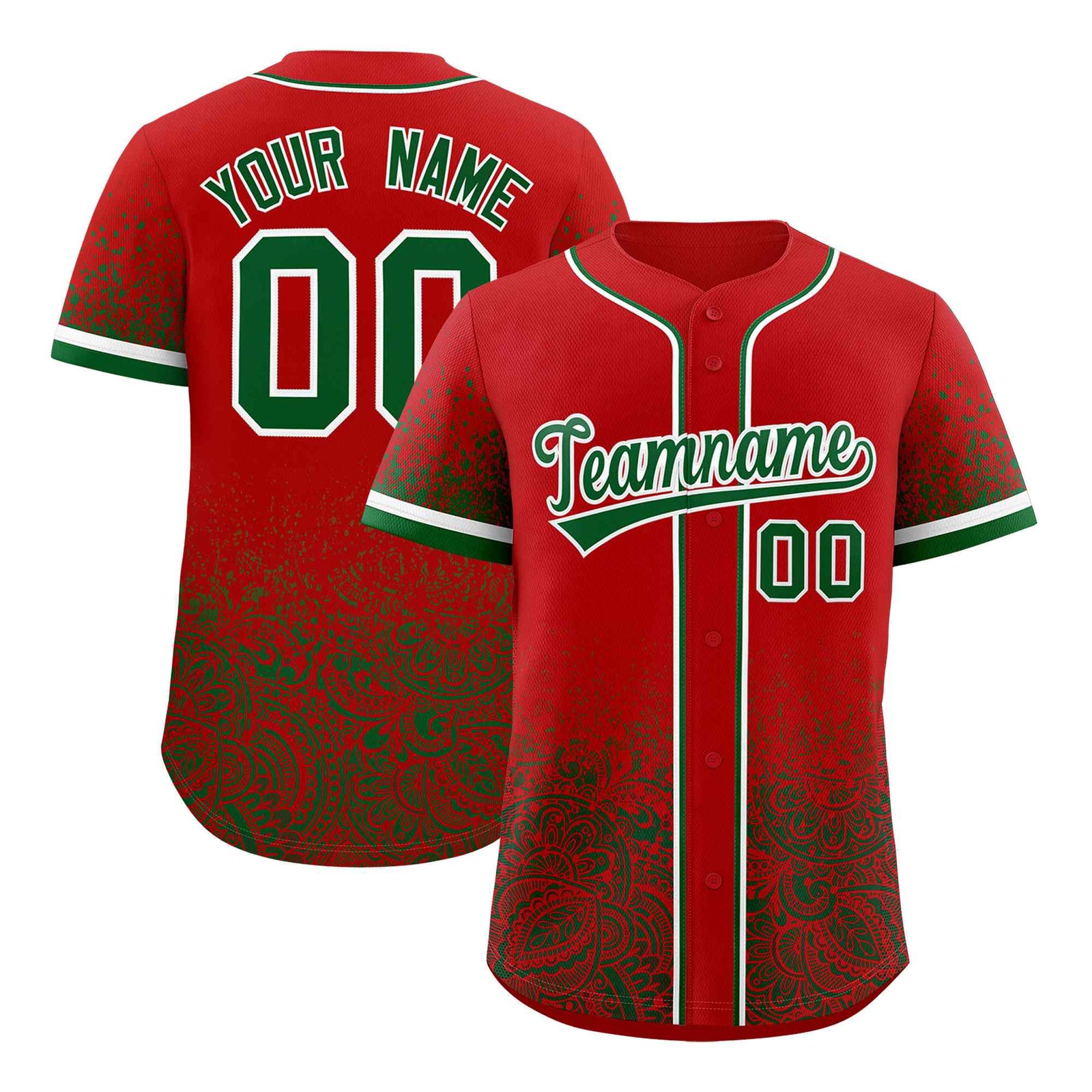 Custom Red Kelly Green Floral Print Pattern Full Button Gradient Fashion Baseball Jersey