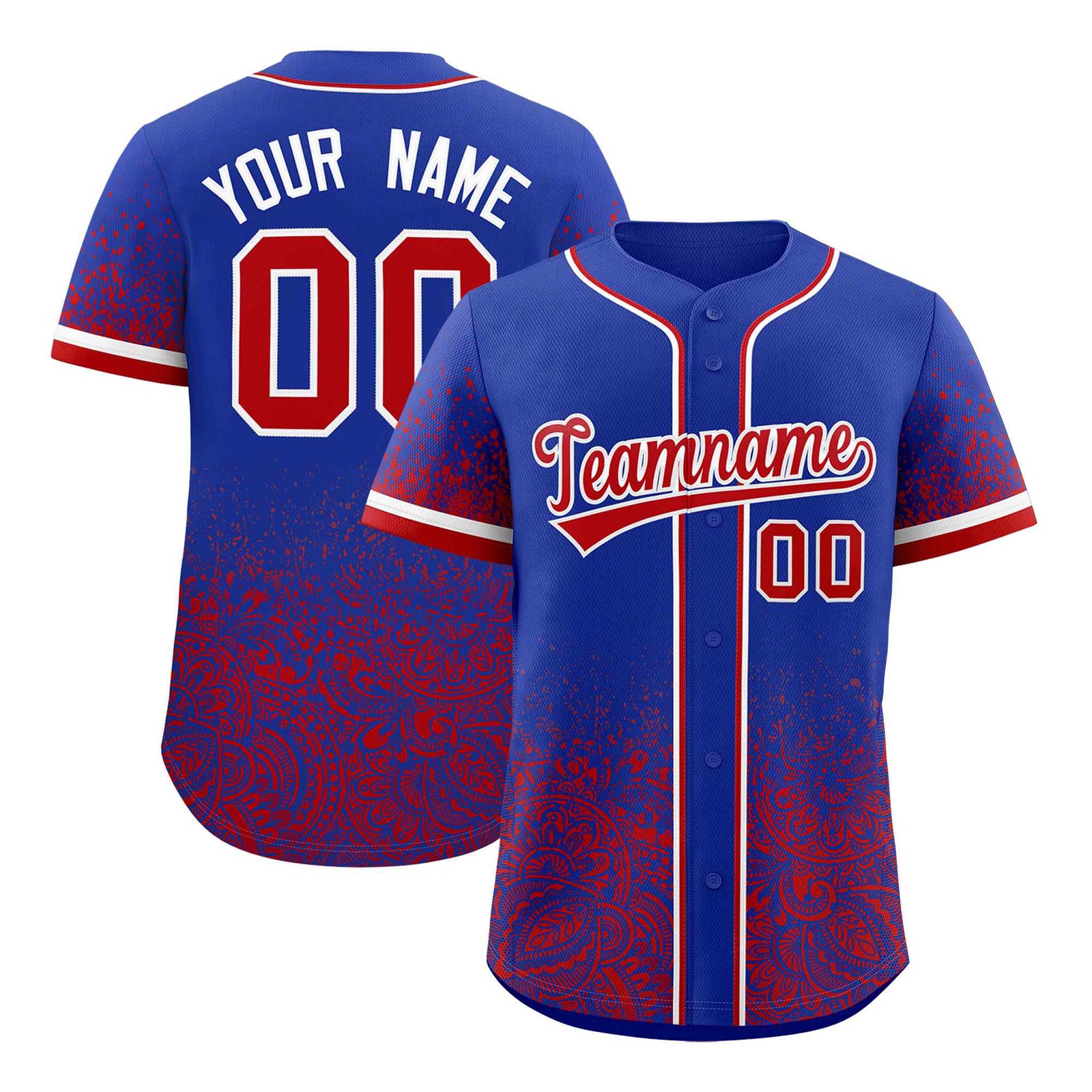 Custom Royal Red Floral Print Pattern Full Button Gradient Fashion Baseball Jersey