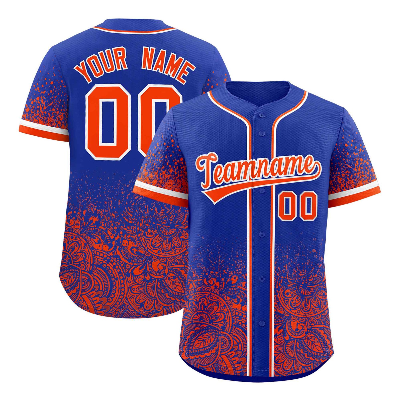 Custom Royal Orange Floral Print Pattern Full Button Gradient Fashion Baseball Jersey