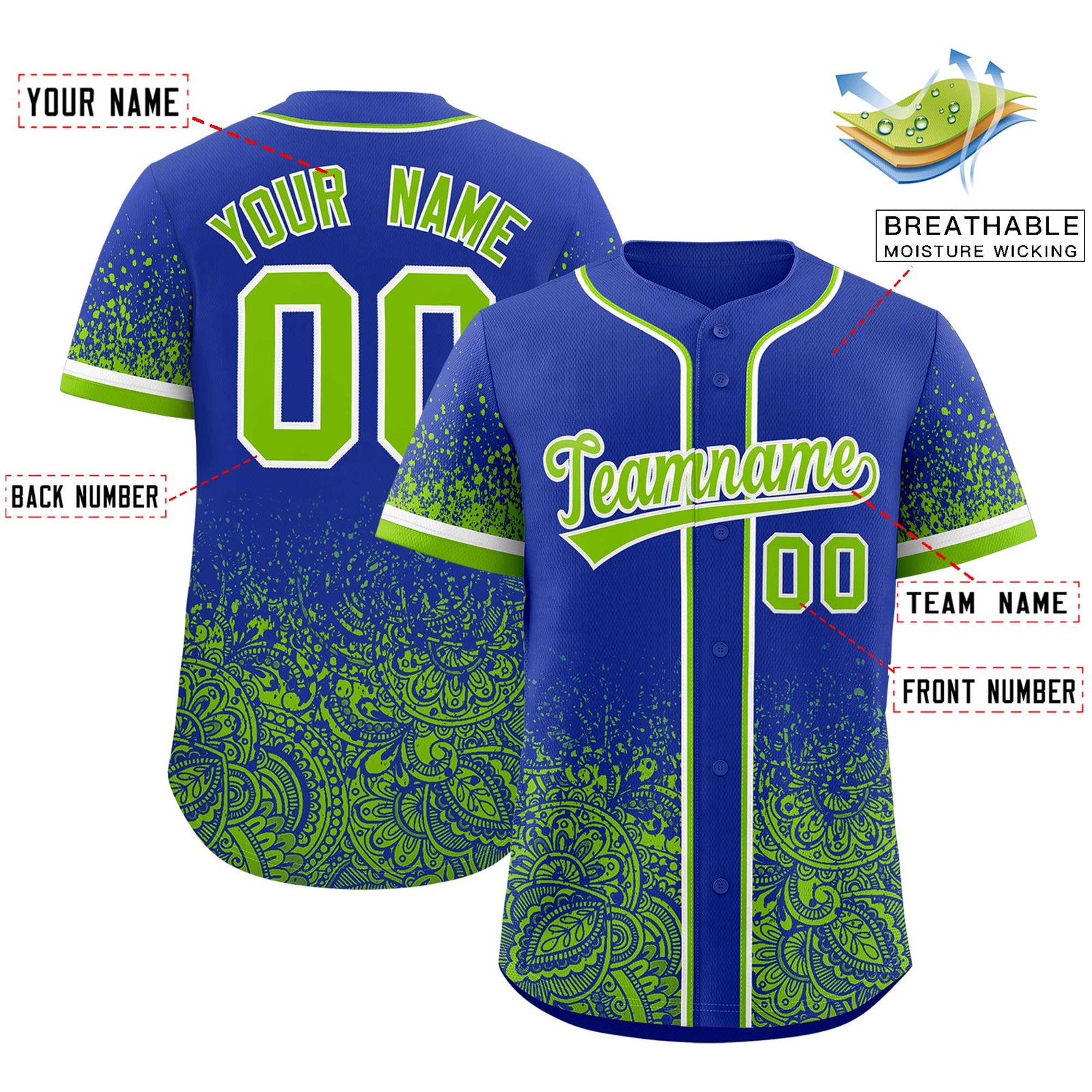 Custom Royal Neon Green Floral Print Pattern Full Button Gradient Fashion Baseball Jersey