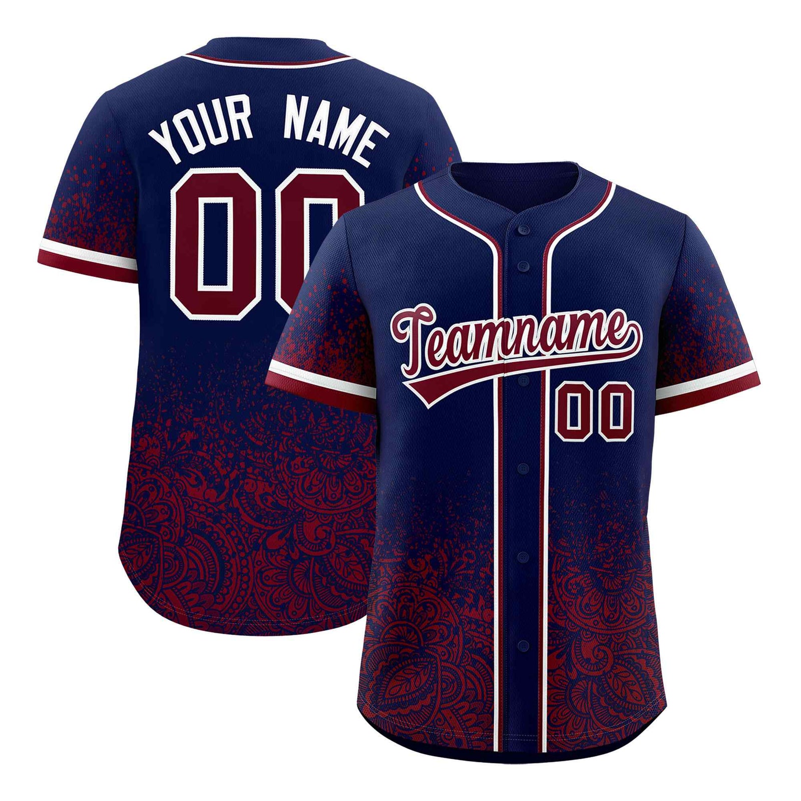 Custom Navy Crimson Floral Print Pattern Full Button Gradient Fashion Baseball Jersey