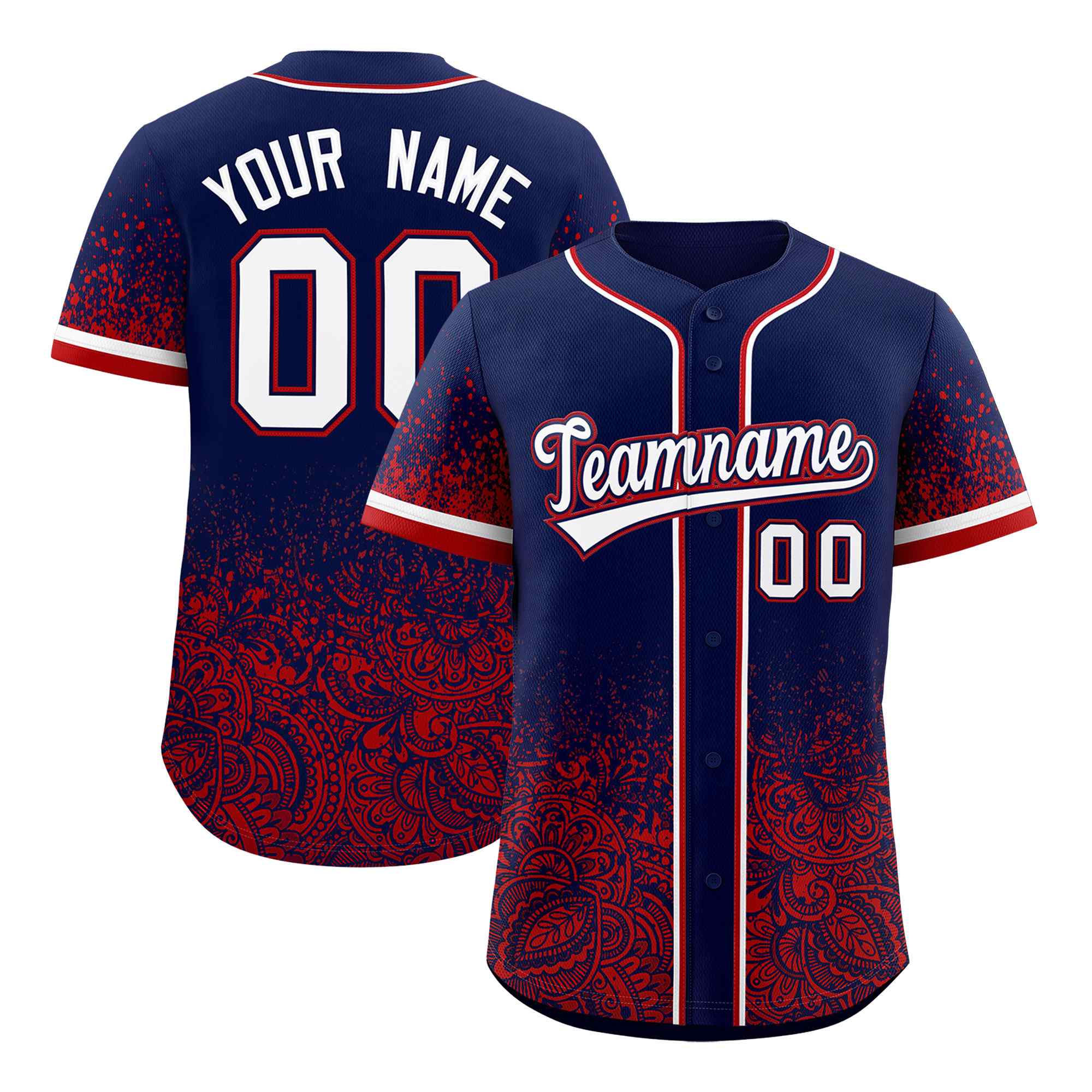 Custom Navy Red Floral Print Pattern Full Button Gradient Fashion Baseball Jersey