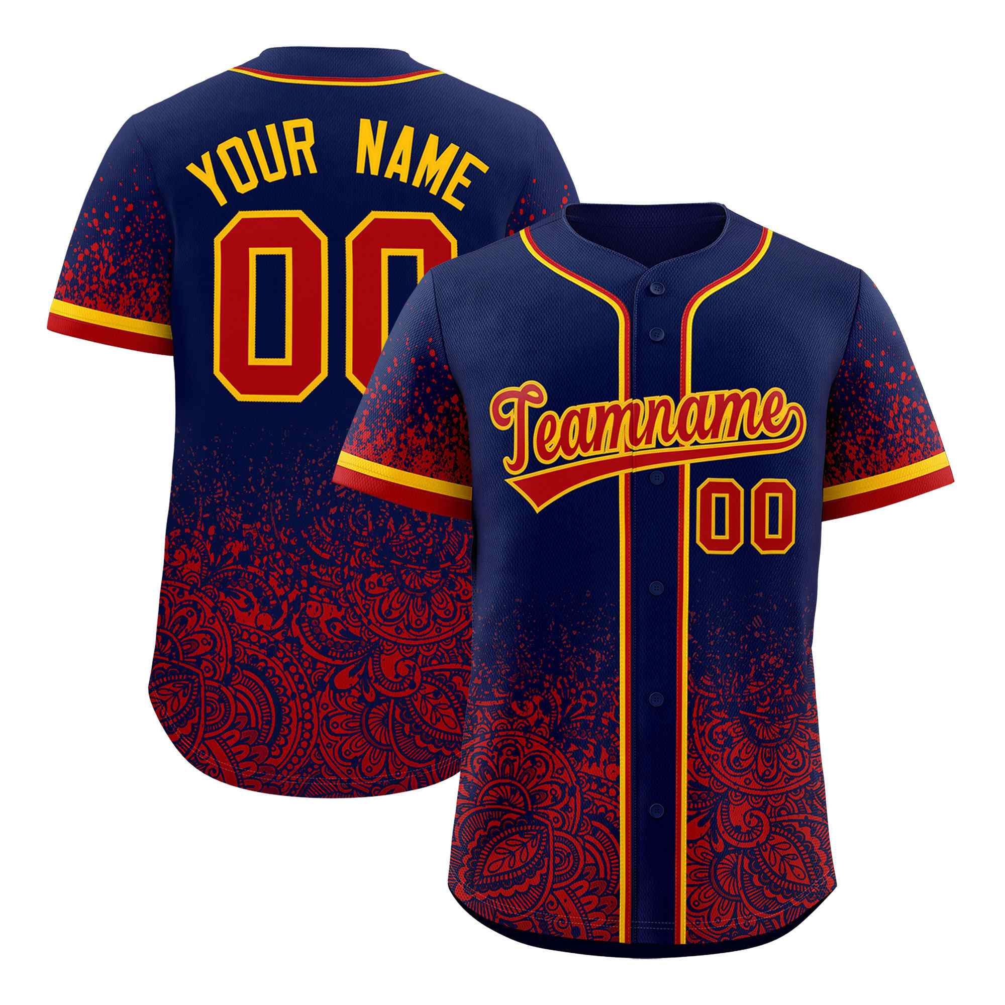 Custom Navy Red Floral Print Pattern Full Button Gradient Fashion Baseball Jersey
