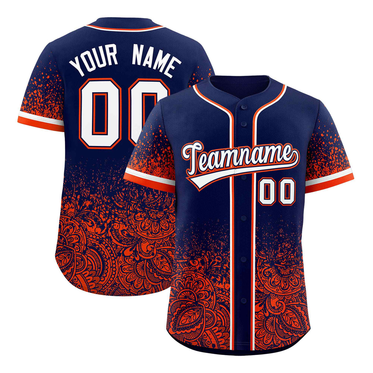 Custom Navy Orange Floral Print Pattern Full Button Gradient Fashion Baseball Jersey