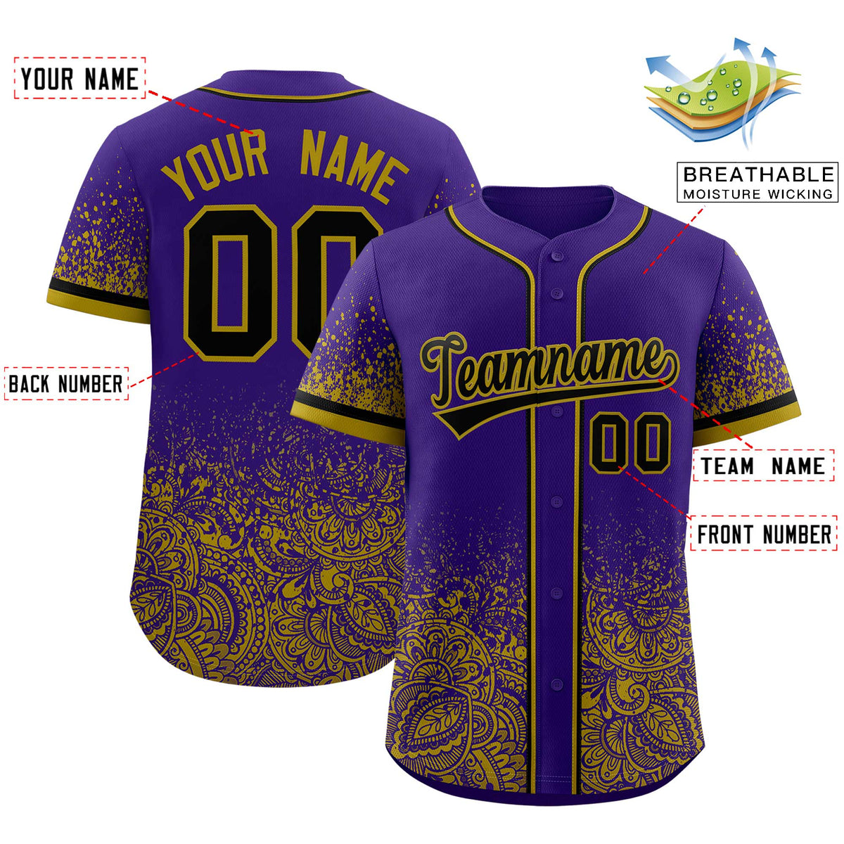 Custom Purple Old Gold Floral Print Pattern Full Button Gradient Fashion Baseball Jersey